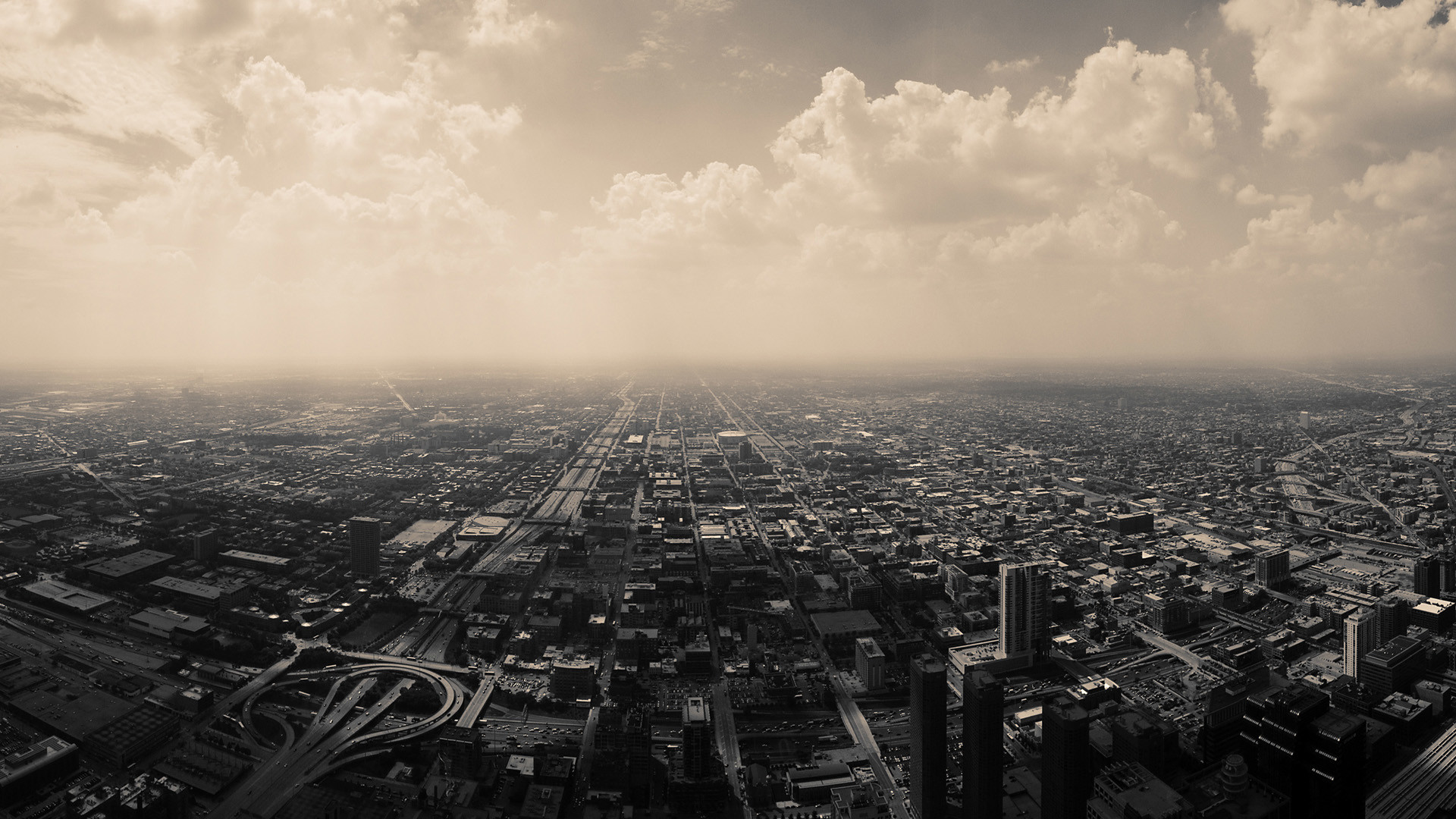 Città, Vista aerea, Bianco e nero, Nuvole, 16:9 Full HD, sfondo widescreen