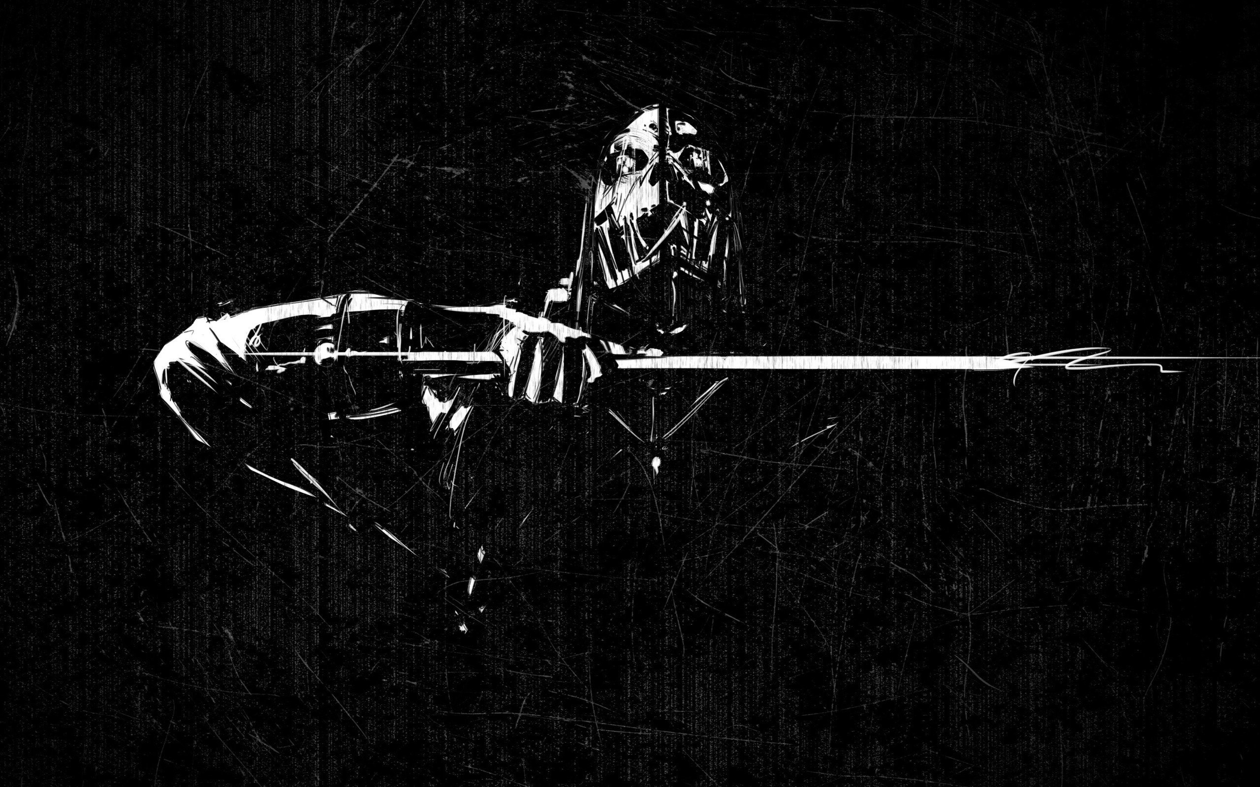 Corvo Attano, Dishonored, Lama, Bianco e nero, 2K, sfondo per PC e portatile