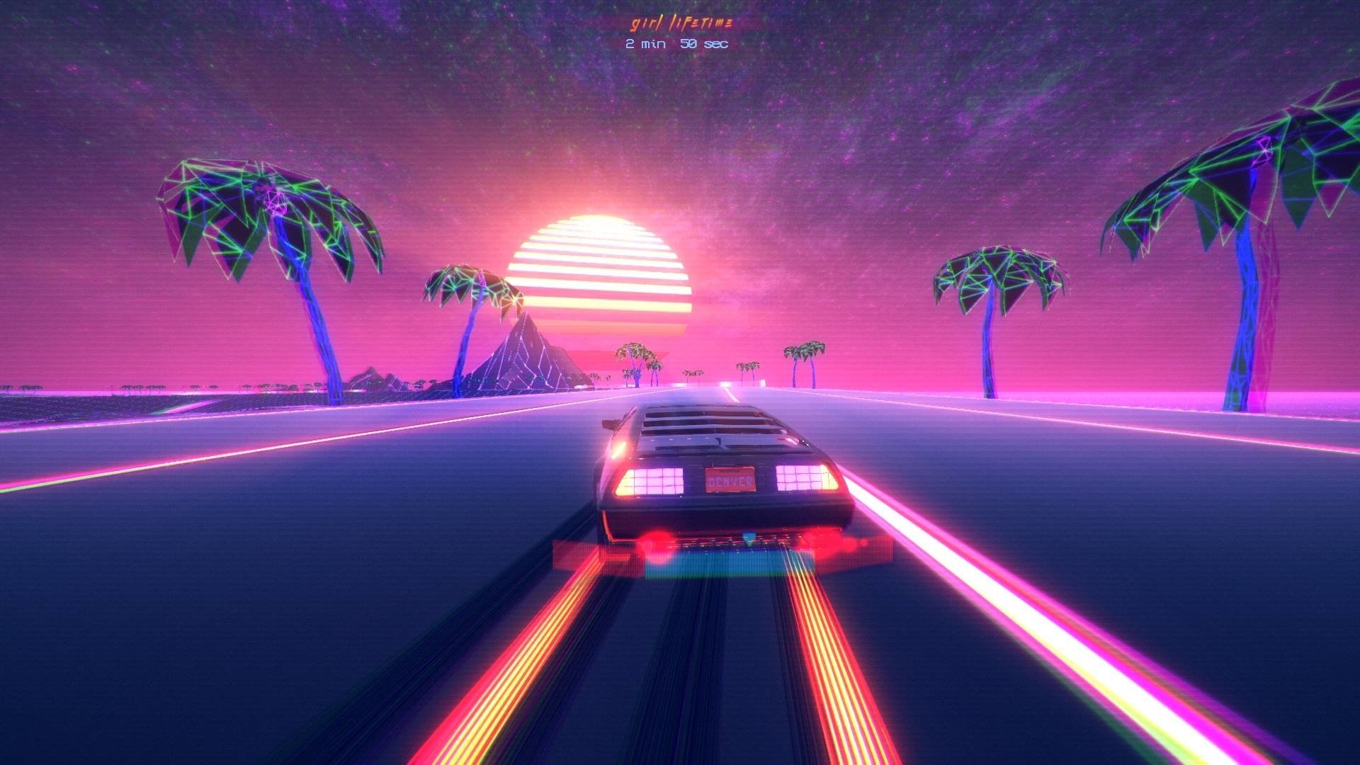 Synthwave, DeLorean, Palme, Sole retro, Strada, 16:9 Full HD, sfondo widescreen