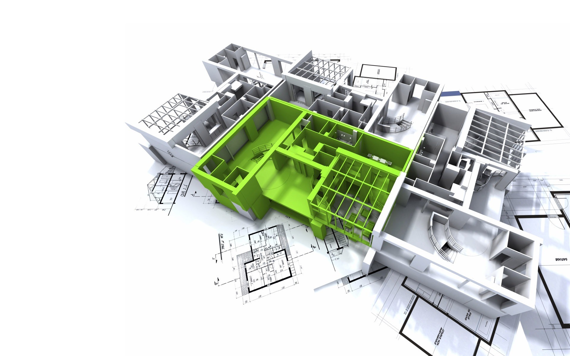 Progetto architettonico, Pianta 3D, Rendering, Sfondo bianco, Full HD, wallpaper per portatile