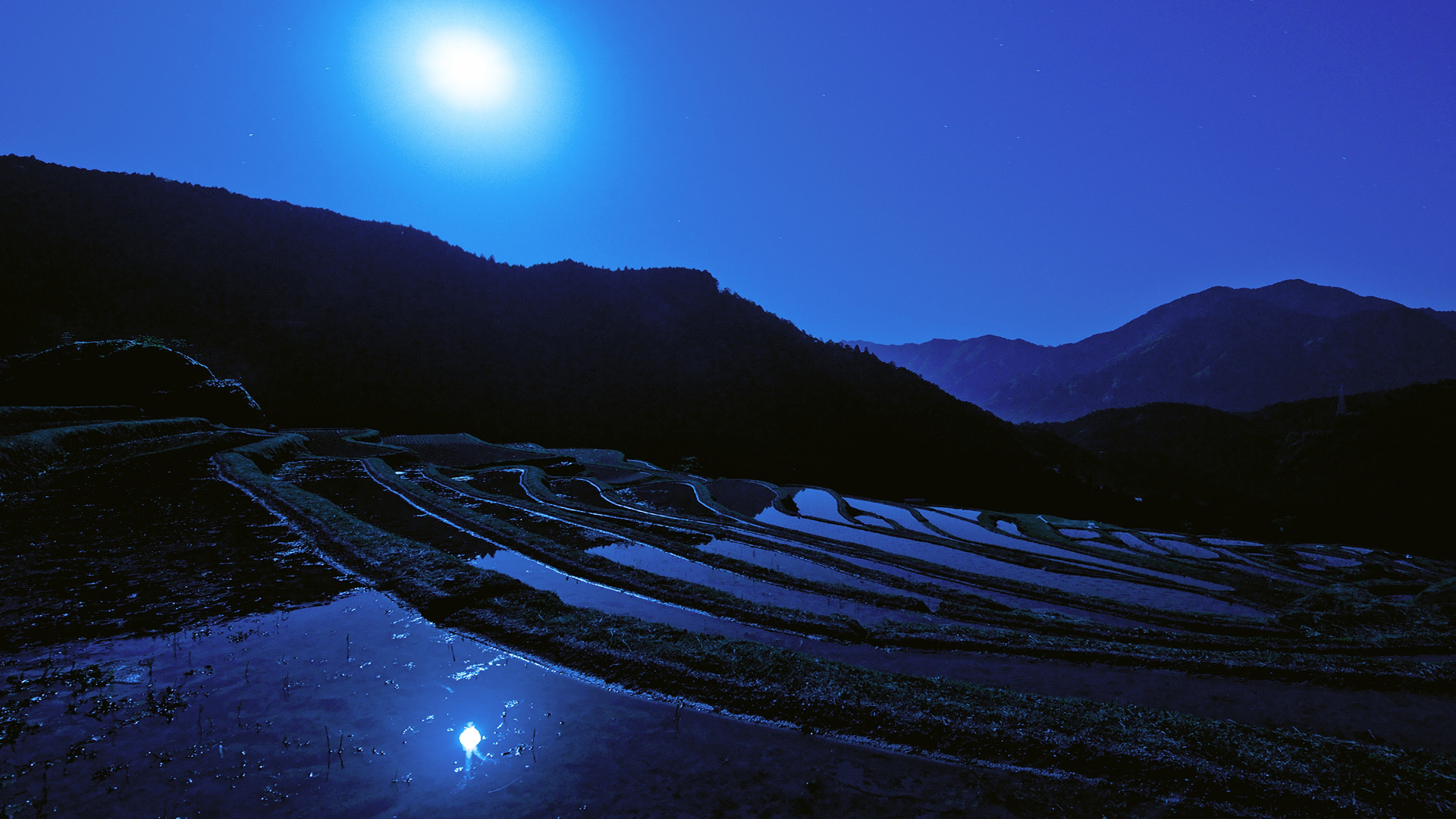 Luna, Risaie a terrazza, Montagne, Notte blu, Full HD, wallpaper desktop