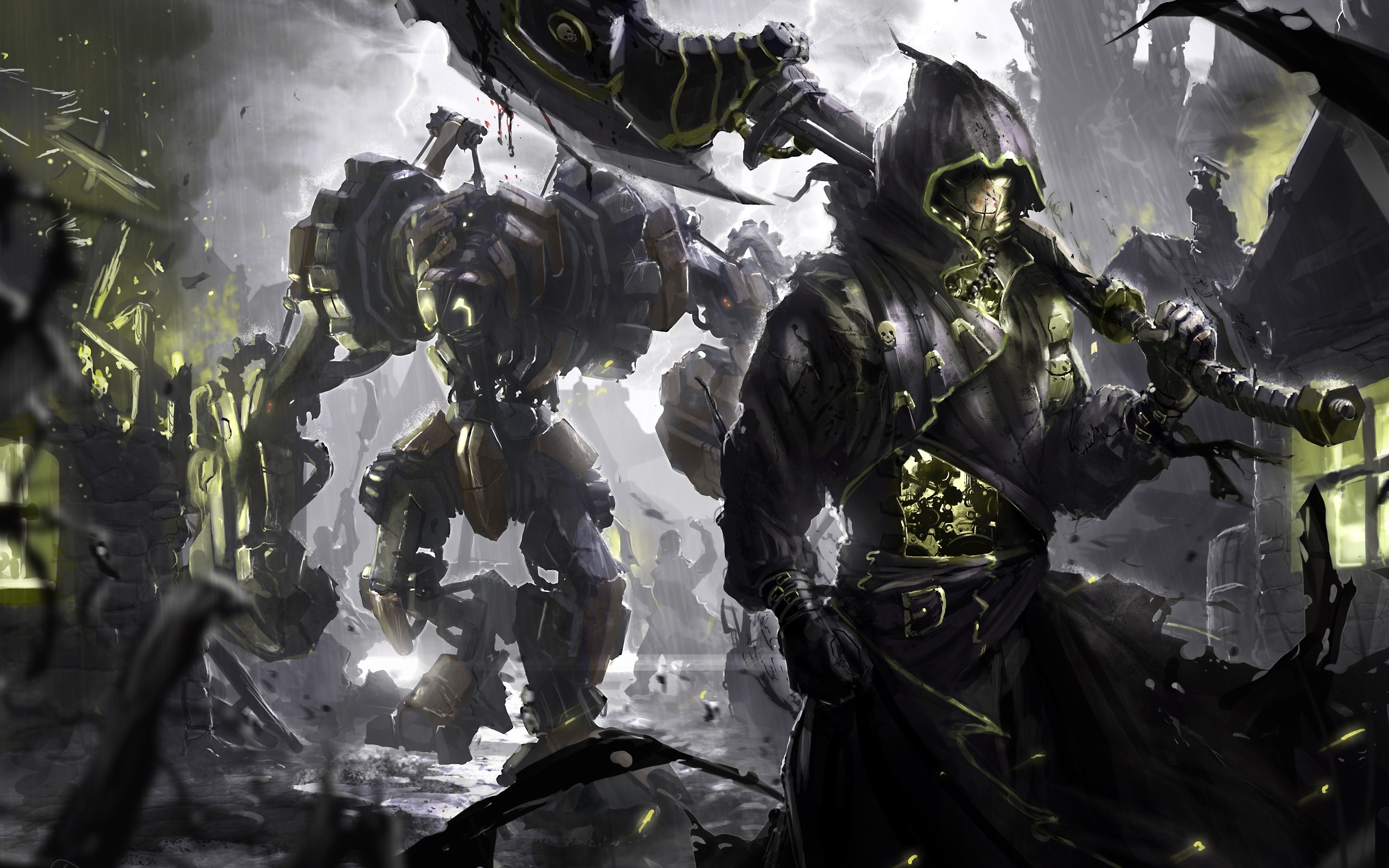 Robot, Battaglia, Bianco e nero, Fantasy, 2560x1600, immagine di sfondo