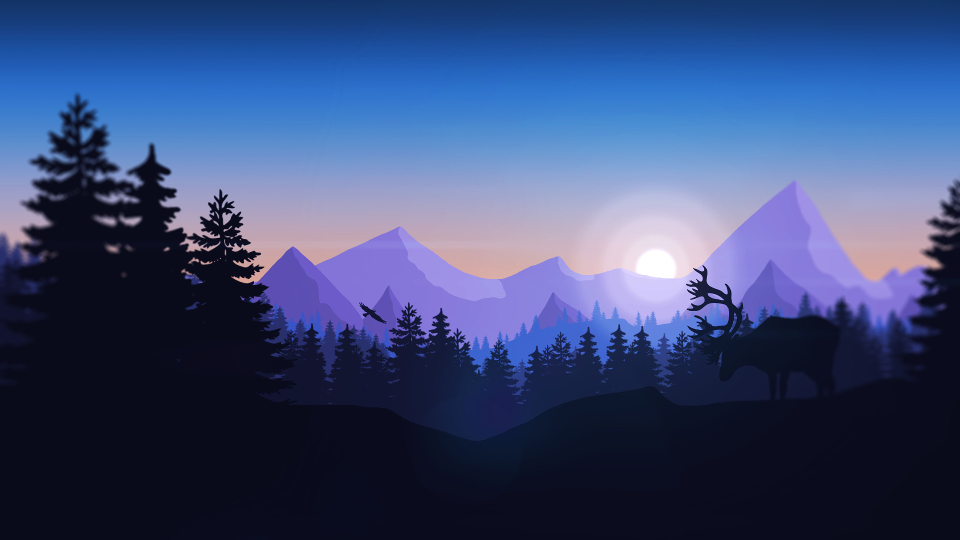 Firewatch, Cervo, Montagne, Viola, 16:9 Full HD, wallpaper widescreen