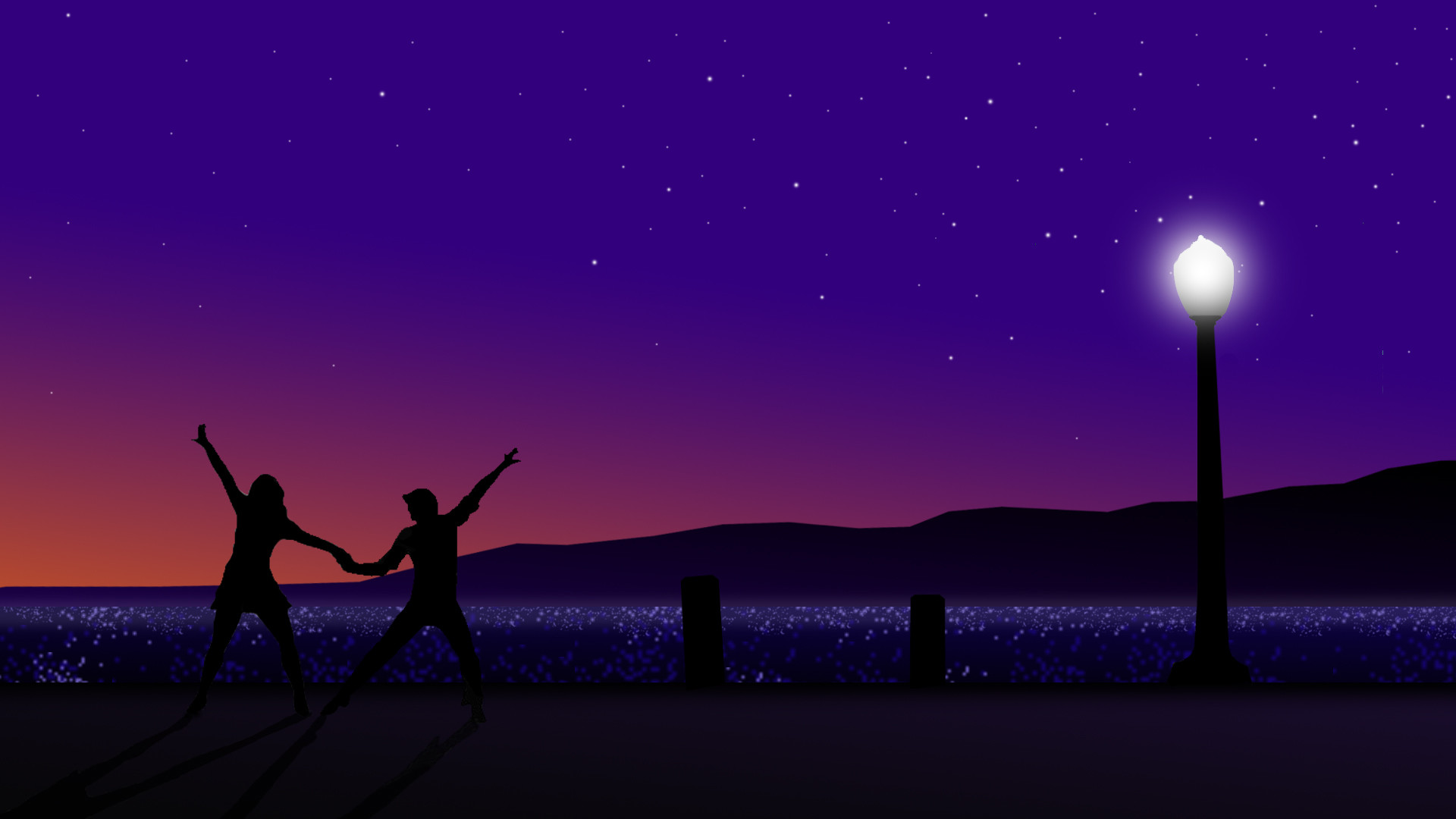 La La Land, Silhouette, Lampione, Tramonto, Viola, 16:9 Full HD, sfondo widescreen