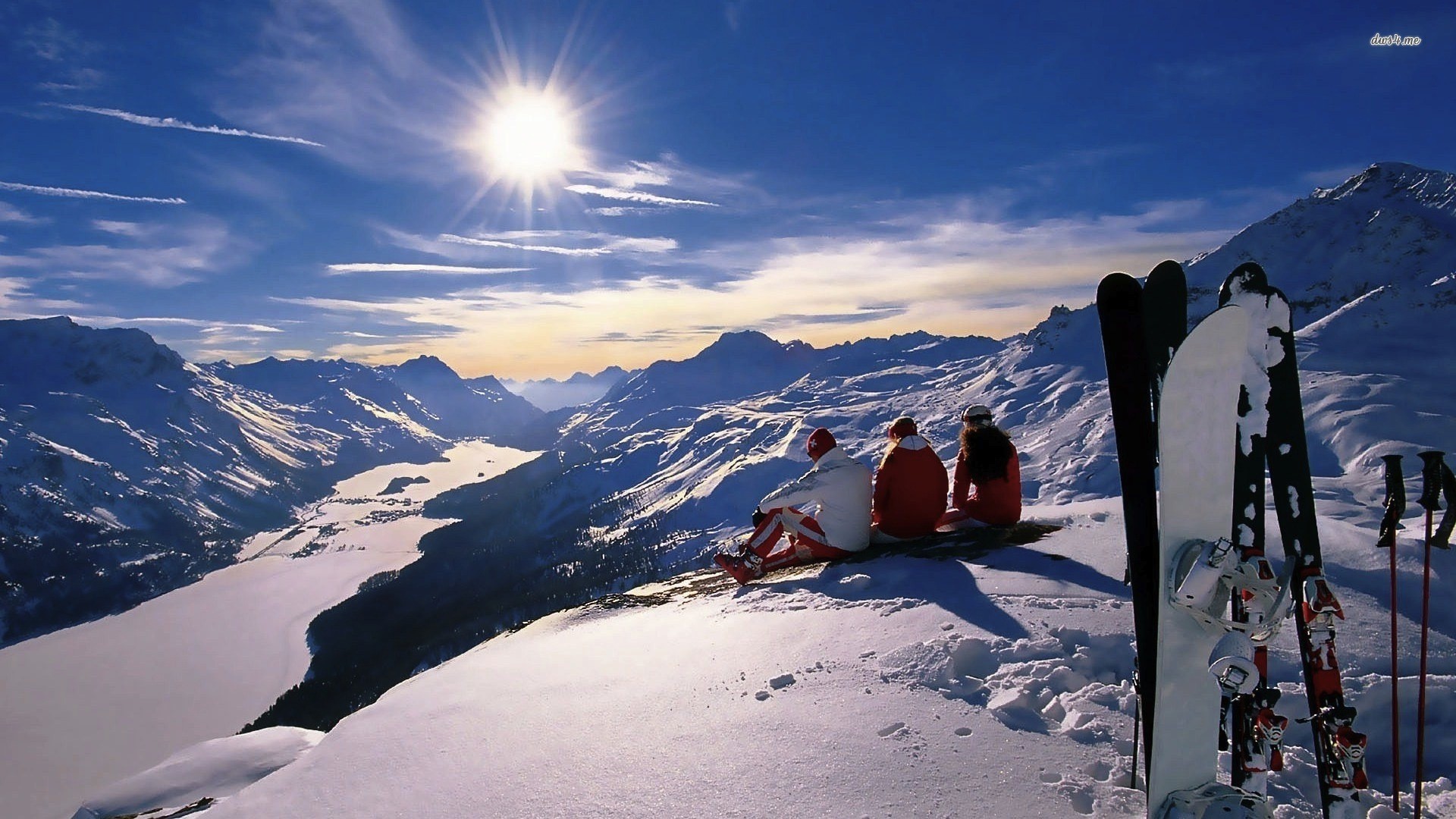 Sci, Montagne innevate, Sciatori, Sole, Full HD, sfondo per portatile