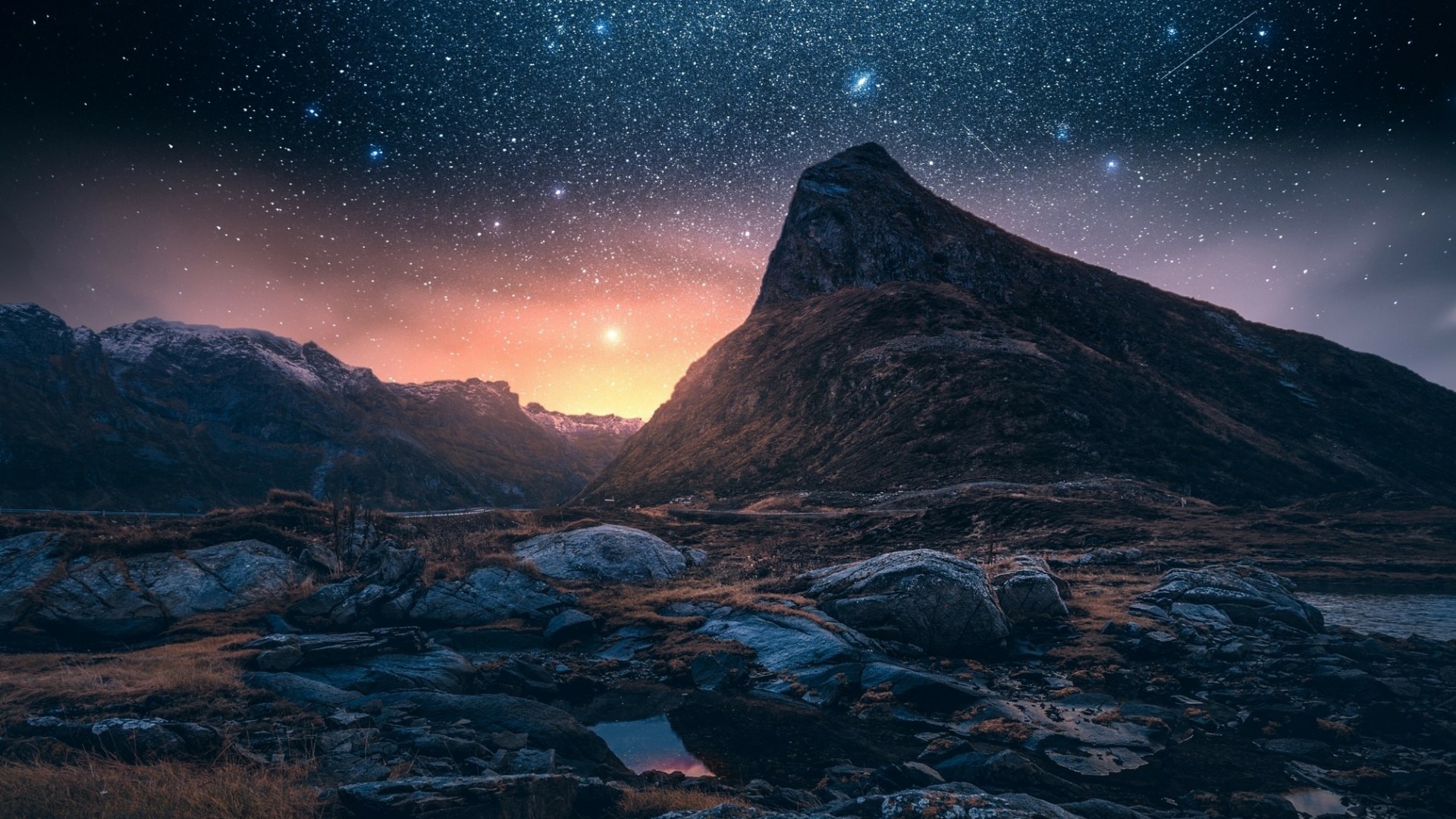 Islanda, Montagna, Cielo stellato, Notte, Full HD, sfondo Windows 11