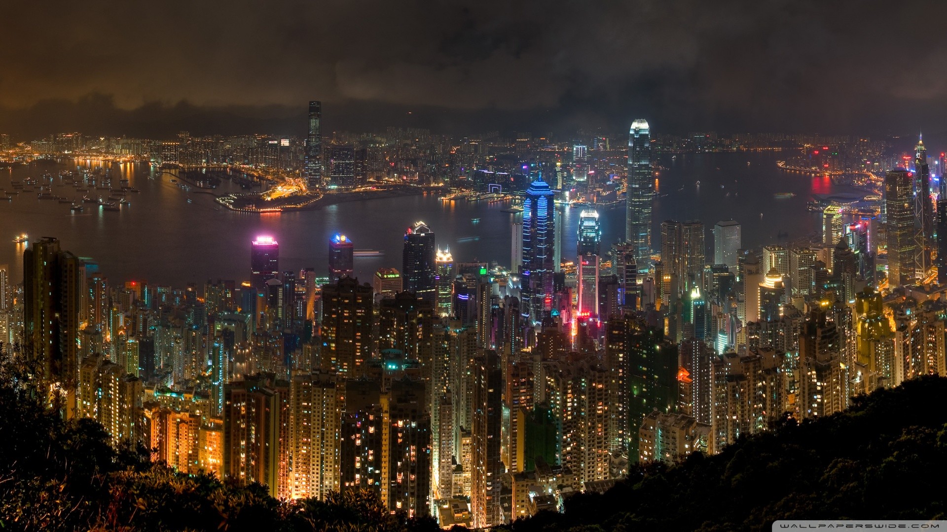 Hong Kong, Victoria Harbour, Cina, Skyline, Notte, 16:9 Full HD, sfondo widescreen