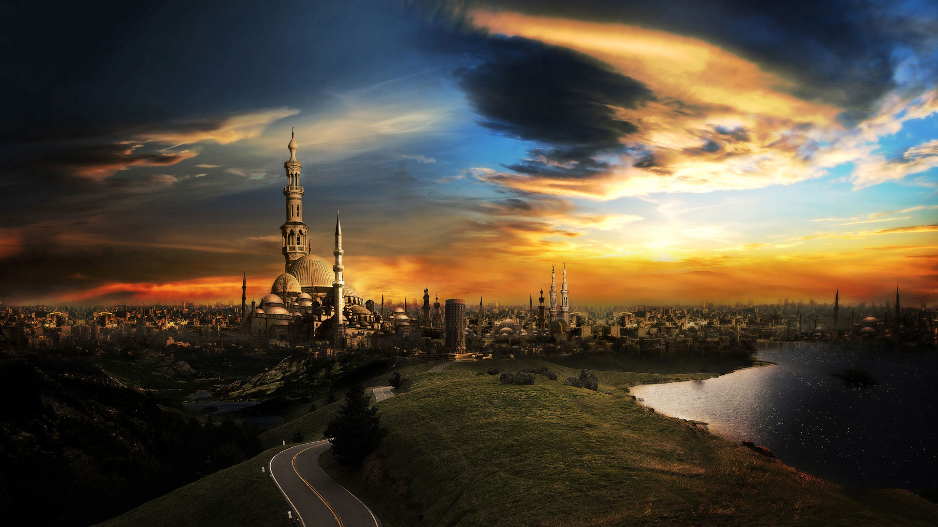 Città, Tramonto, Minareti, Paesaggio, 16:9 Full HD, sfondo widescreen