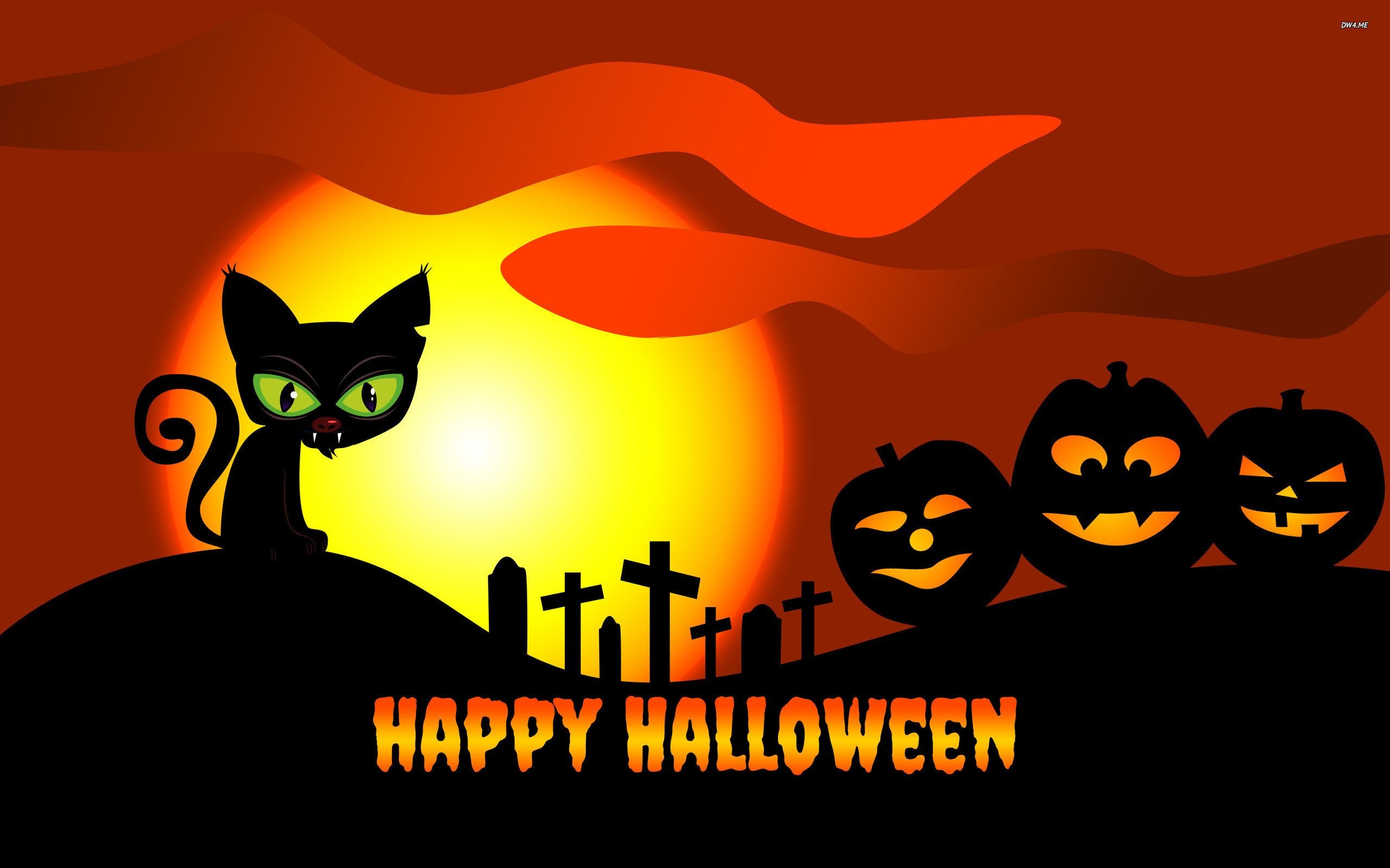 Gatto nero, Happy Halloween, Jack-o'-lantern, Cimitero, Arancione, sfondo desktop 1600p