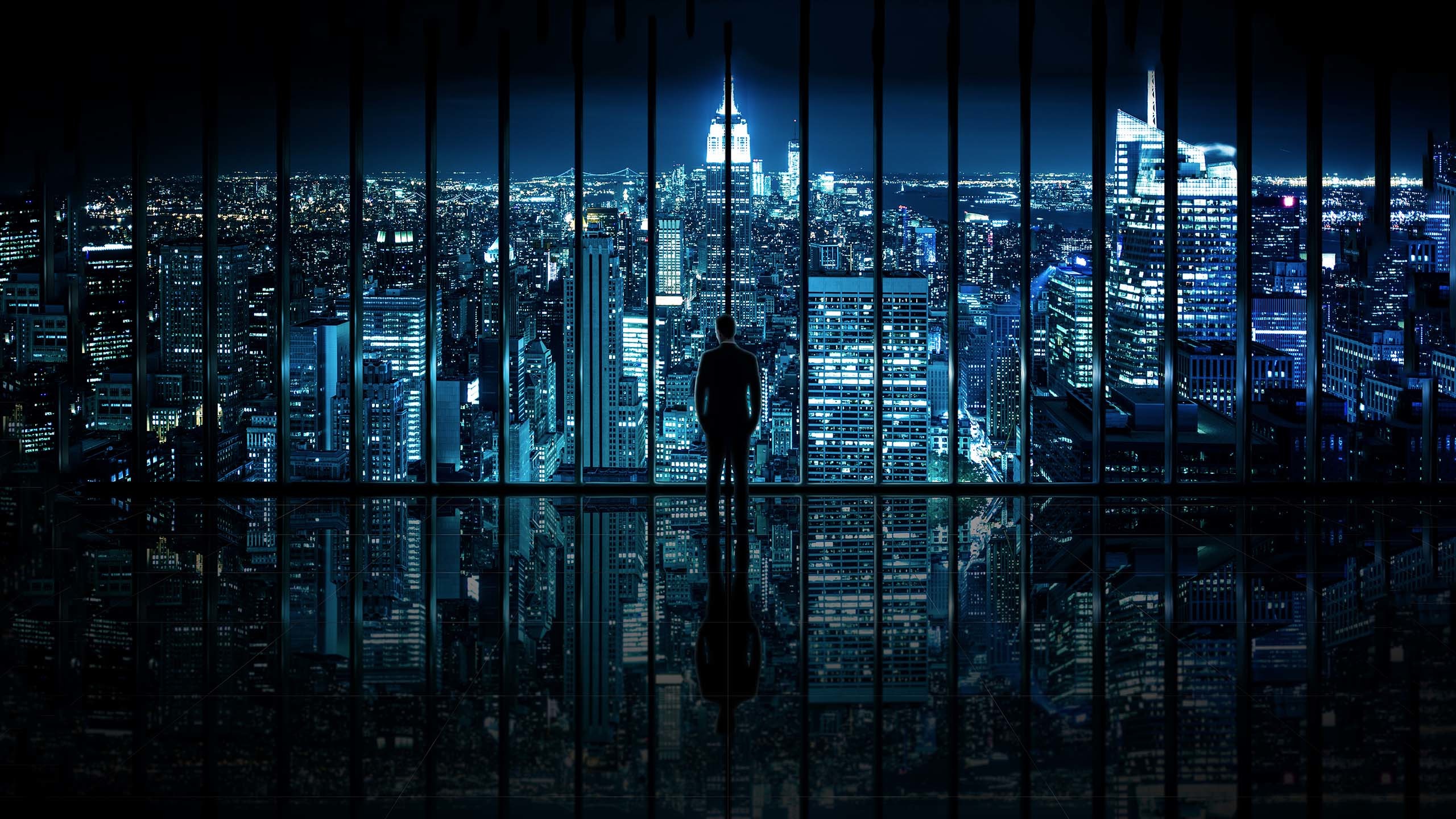 New York, Grattacieli, Notte, Silhouette, Riflesso, 2K, sfondo per portatile