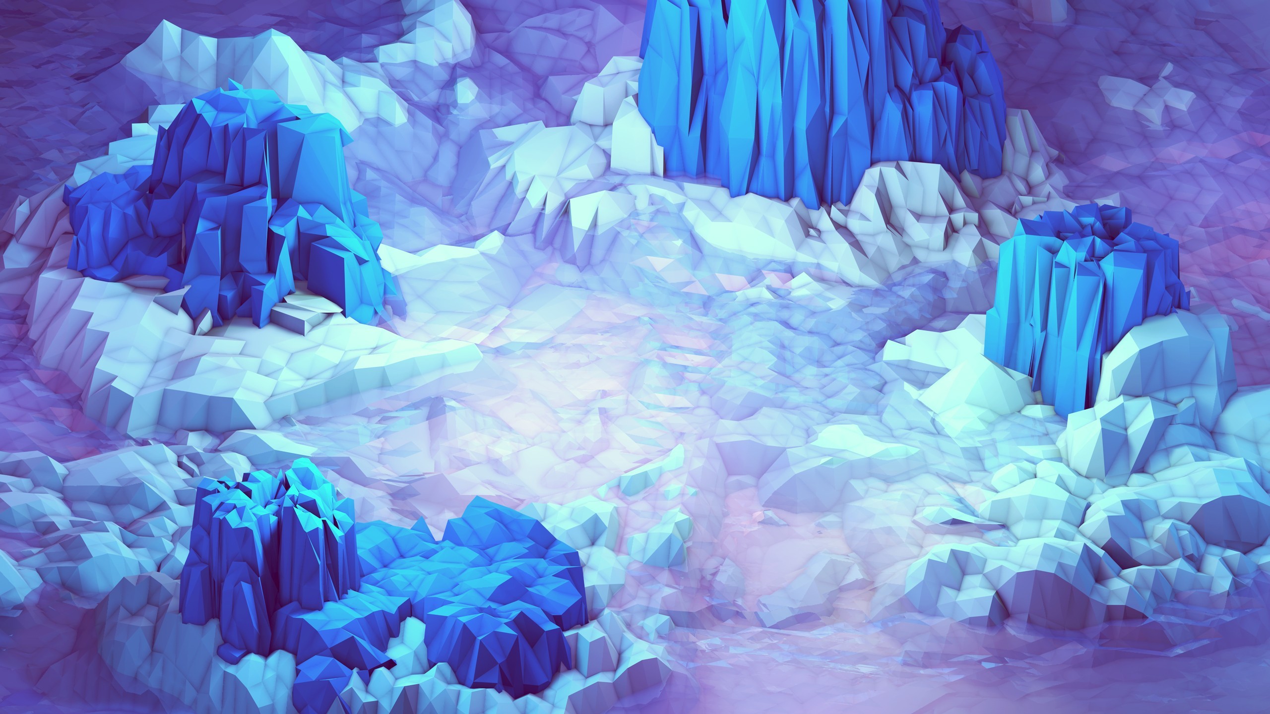 Paesaggio low poly, Cristalli di ghiaccio, Blu, Viola, Arte 3D, 16:9 2K, sfondo widescreen