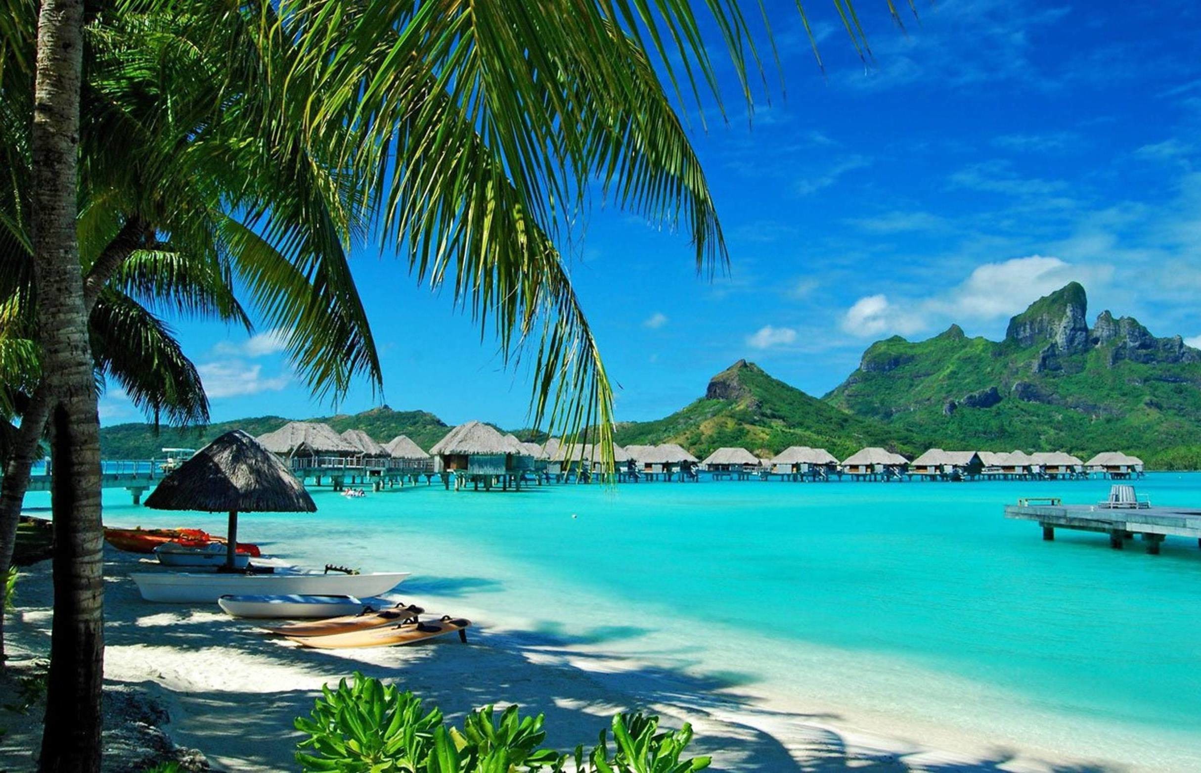 Bora Bora, Monte Otemanu, Bungalow sull'acqua, Palme, Spiaggia, Full HD, sfondo per PC e portatile