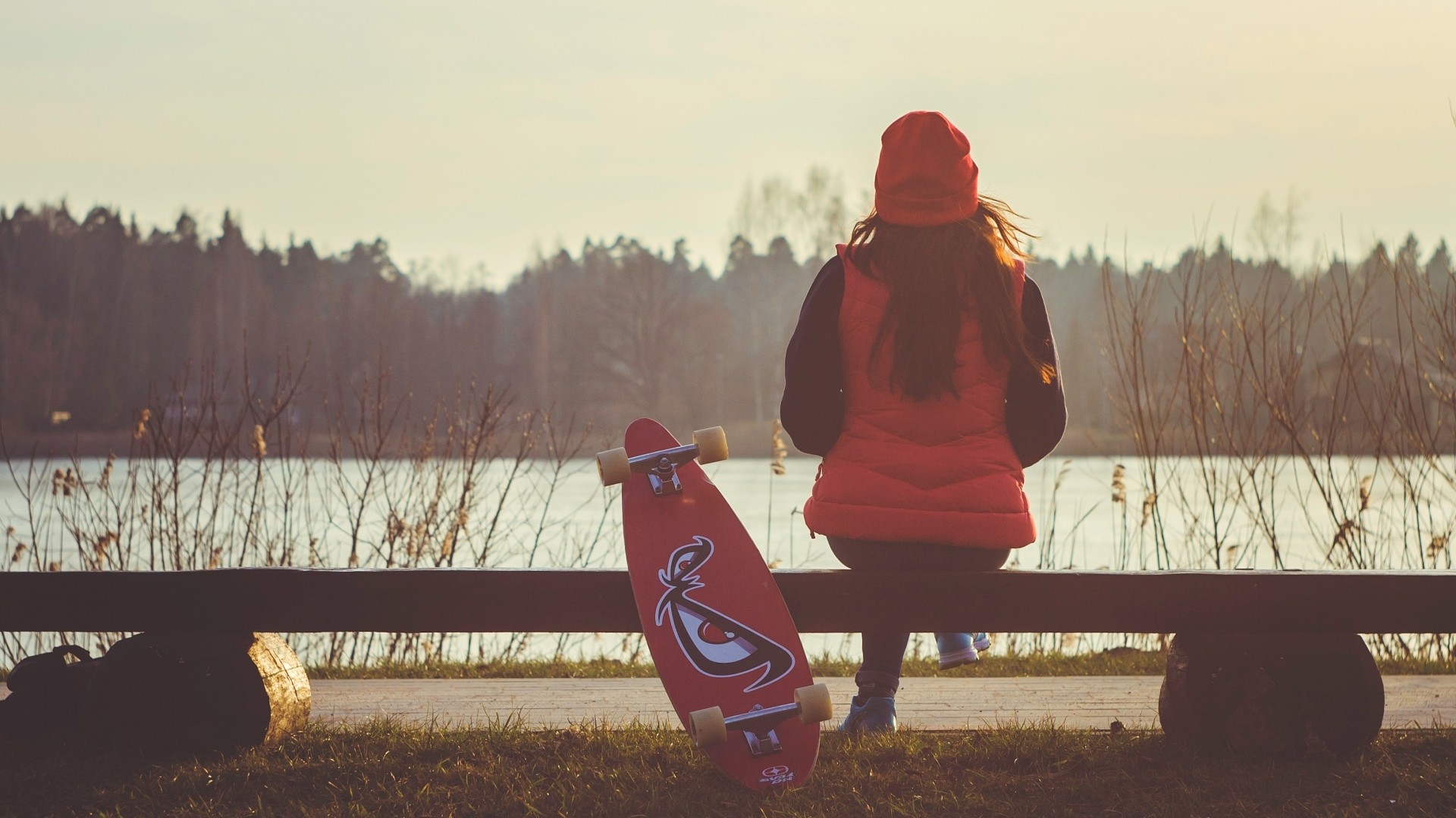 Longboard, Ragazza, Lago, Panchina, Full HD, sfondo per portatile