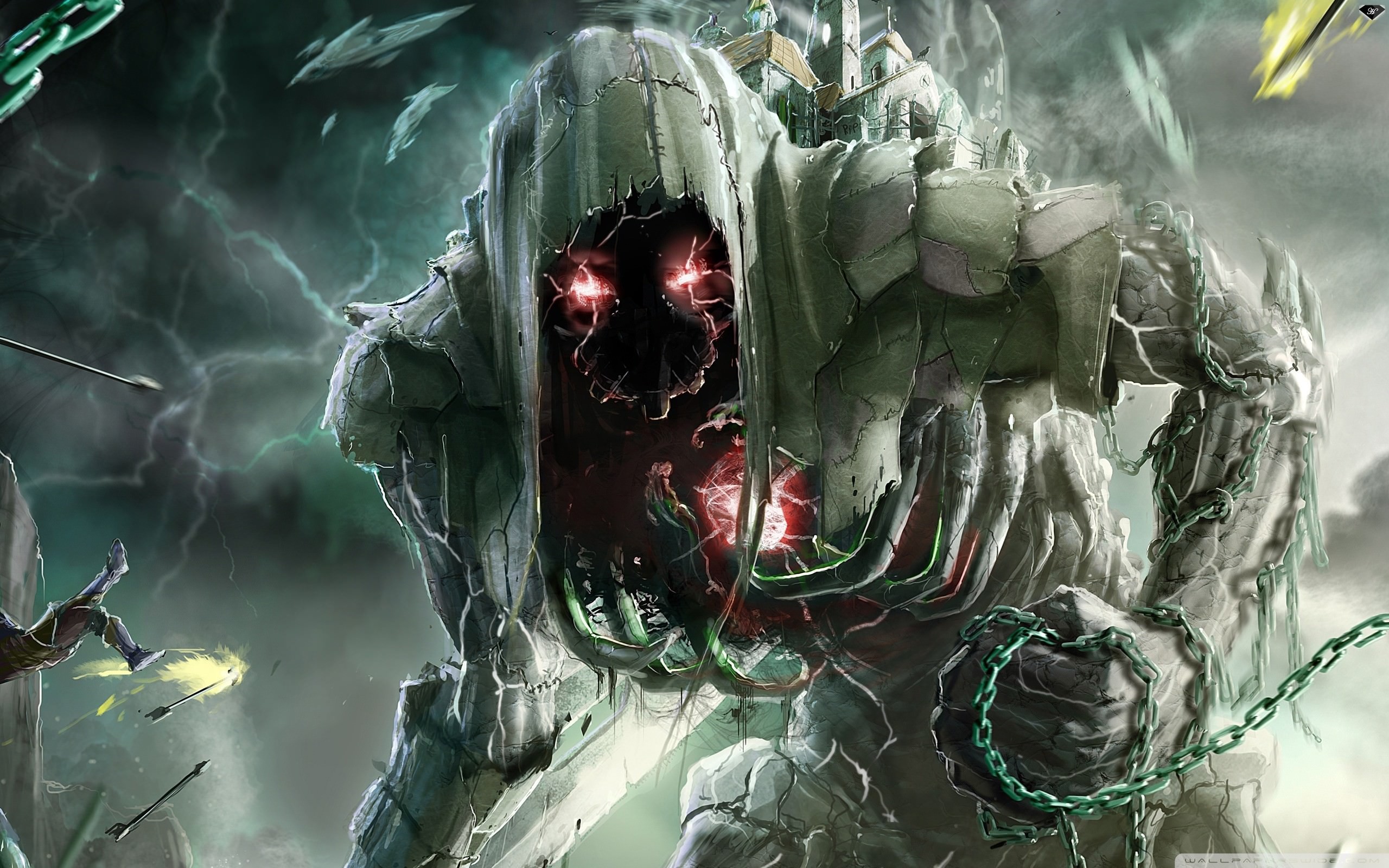 Golem, Mostro, Catene, Occhi rossi, Arte fantasy, 2560x1600, sfondo per PC