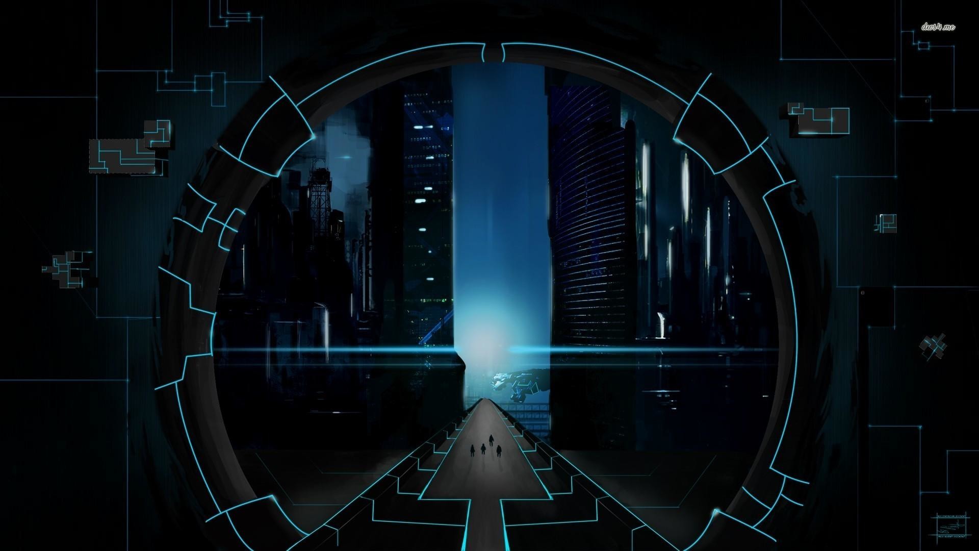 Portale, Città notturna, Interfaccia HUD, Tecnologia, Blu scuro, sfondo Windows 11