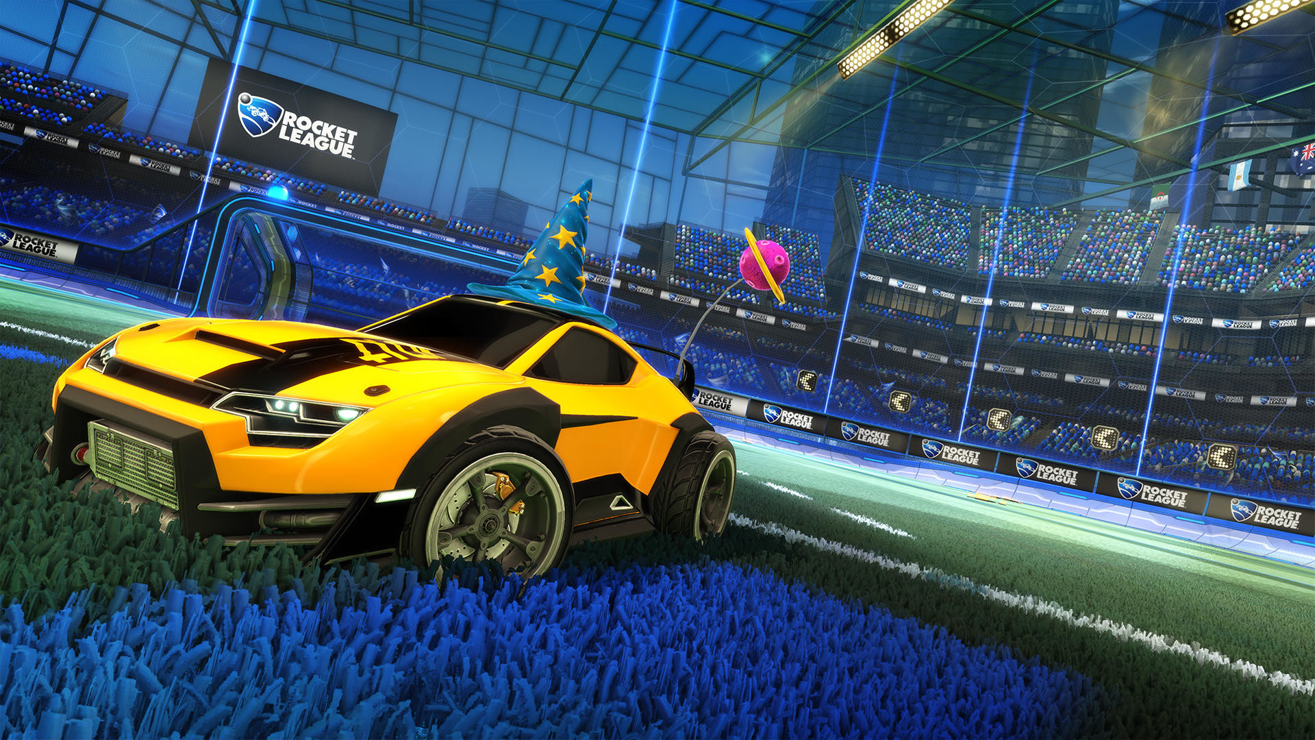 Rocket League, Auto gialla, Stadio, Prato, 1920x1080, immagine di sfondo