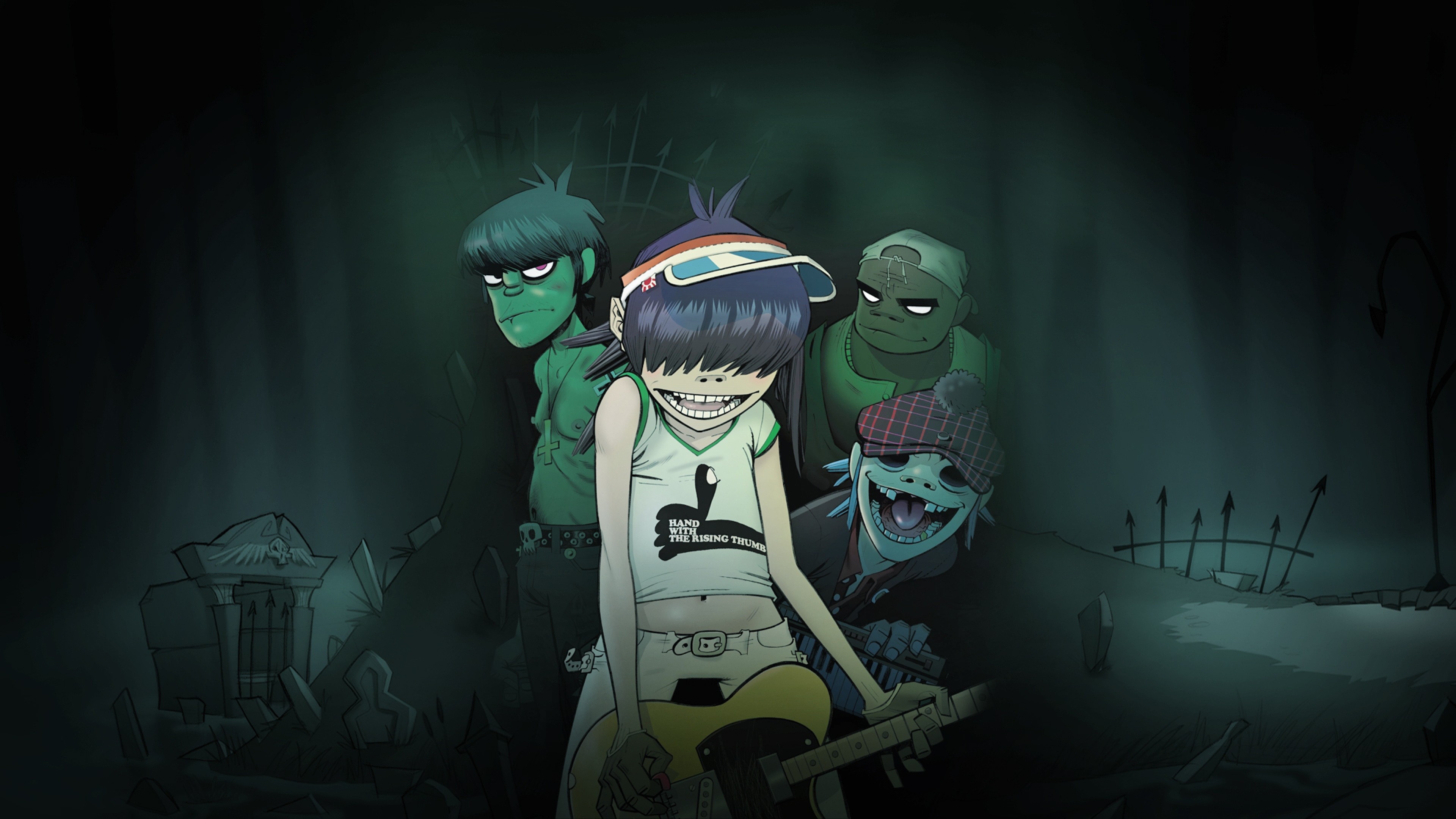 Gorillaz, Noodle, Murdoc Niccals, Cimitero, Verde, 4K, sfondo per PC e portatile