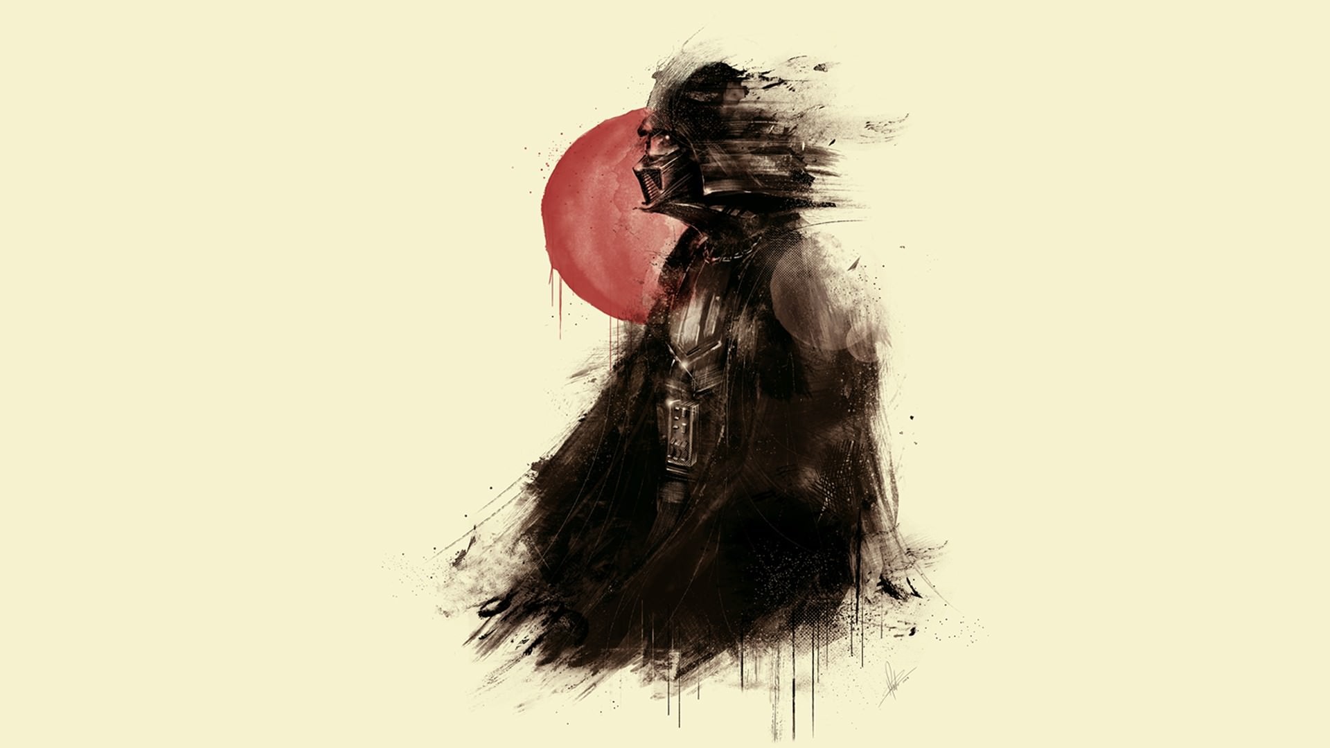 Darth Vader, Star Wars, Inchiostro, Sole rosso, Minimalismo, Full HD, sfondo per PC e portatile