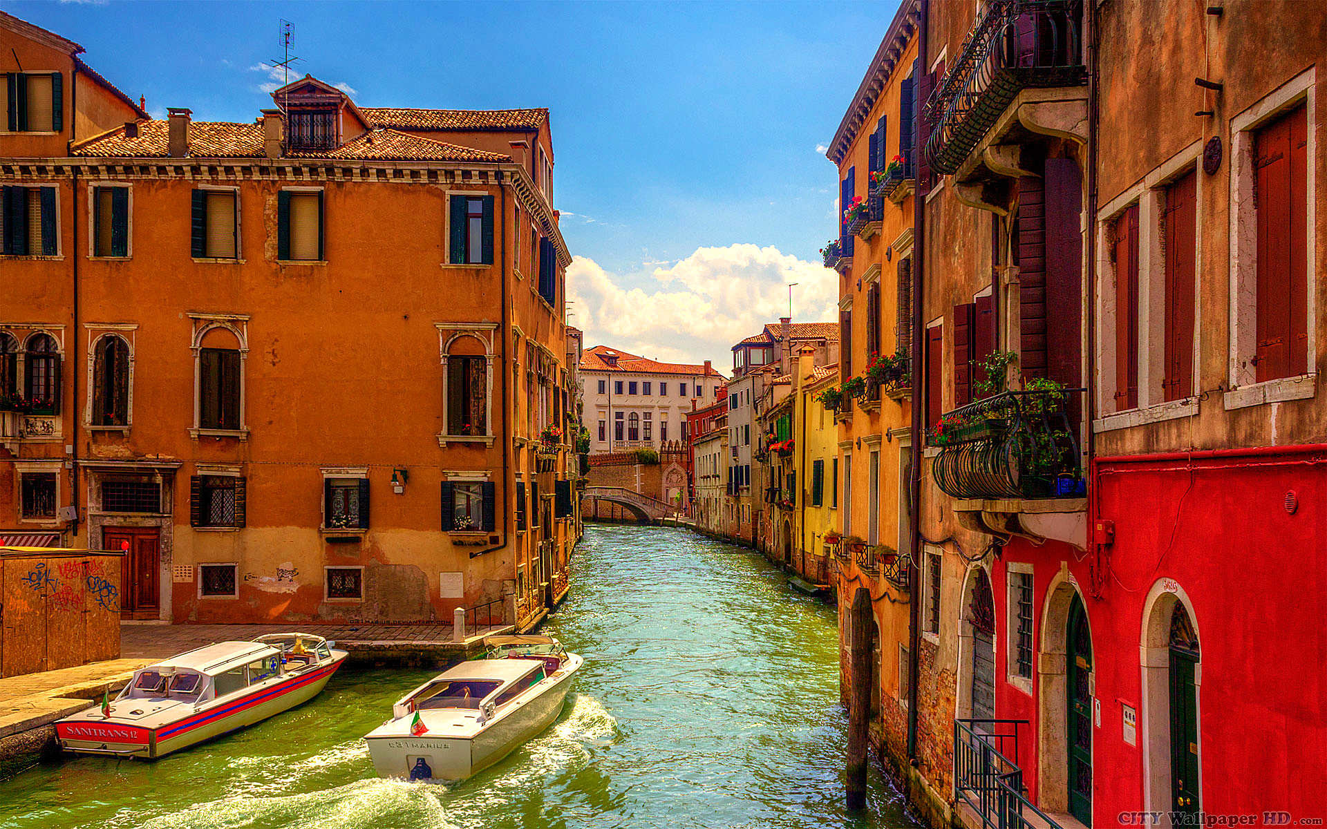 Venezia, Canale, Palazzi colorati, Motoscafi, Full HD, sfondo Windows 11