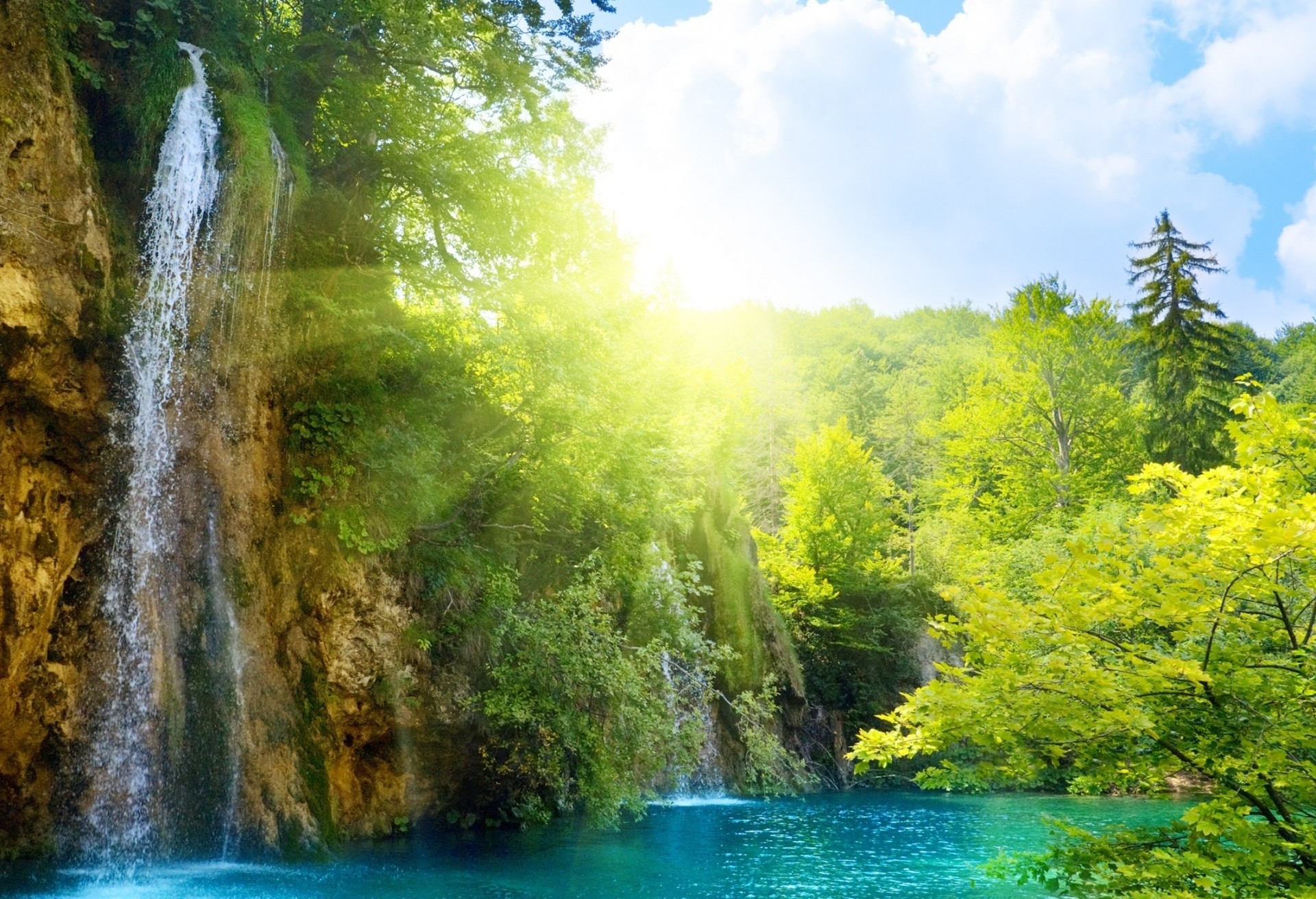 Laghi di Plitvice, Croazia, Cascata, Raggi di sole, Foresta, Full HD, wallpaper per portatile