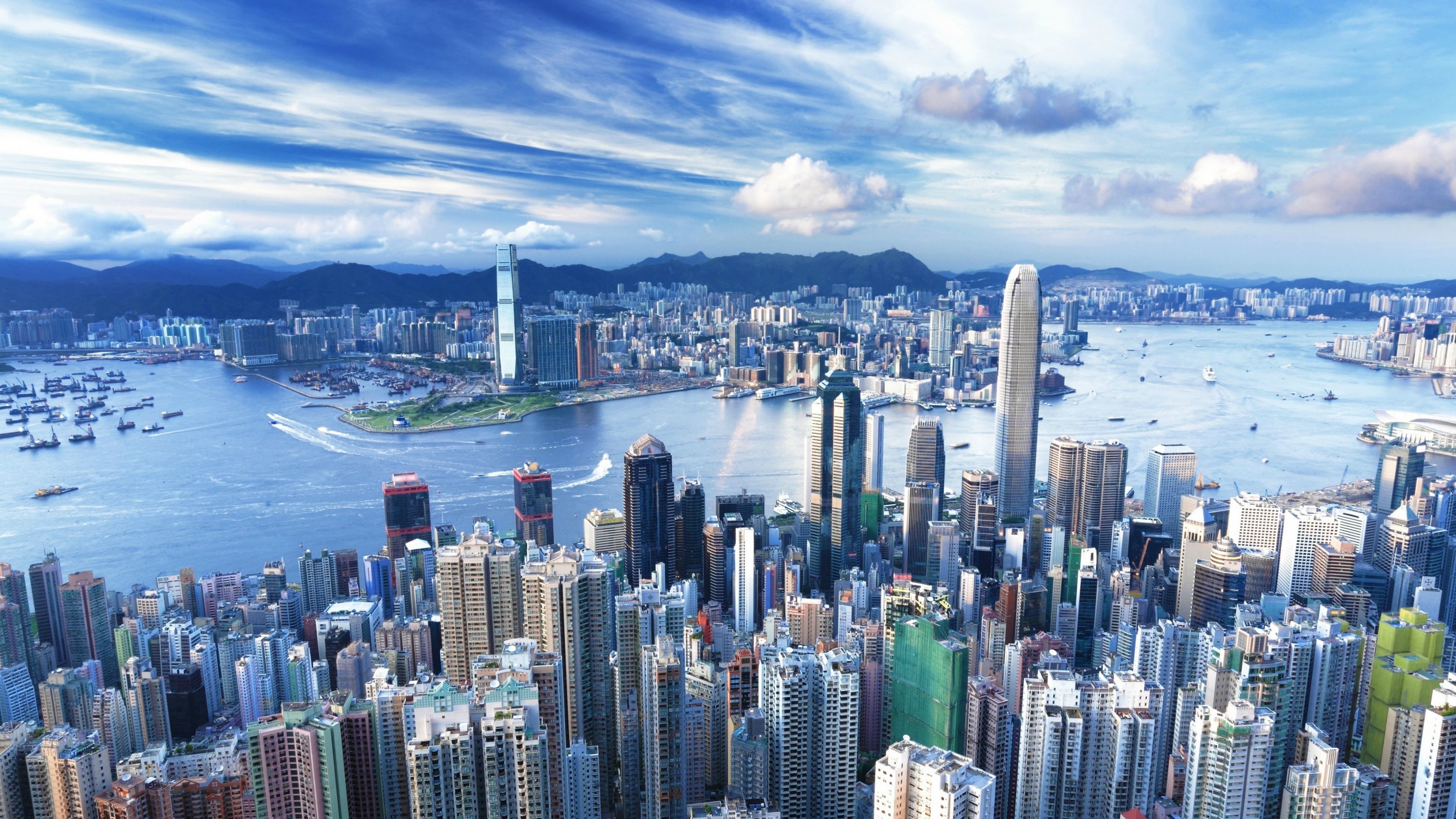 Hong Kong, Victoria Harbour, Grattacieli, Skyline, 2K, sfondo PC