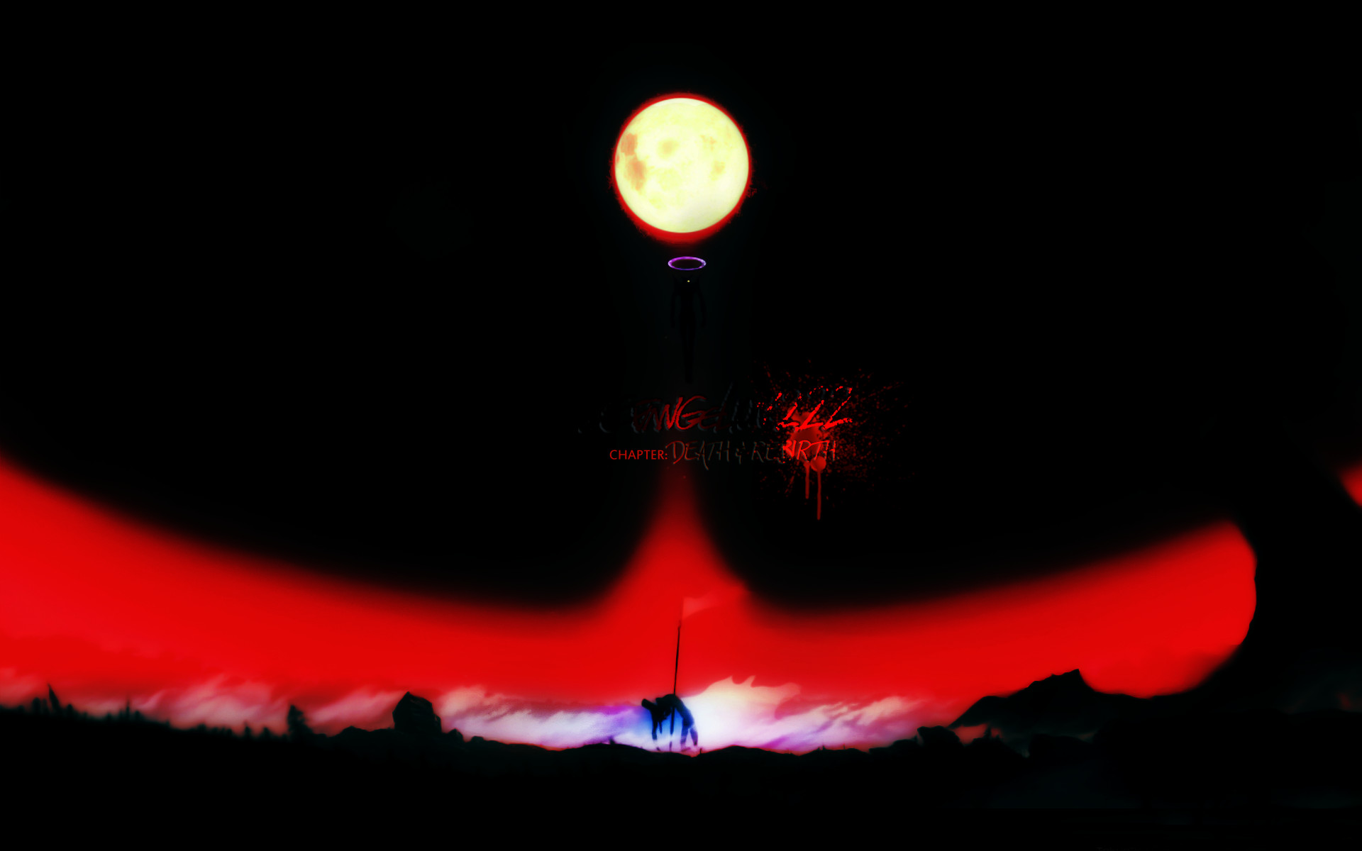 The End of Evangelion, Neon Genesis Evangelion, Luna piena, Mare rosso, Notte, immagine di sfondo