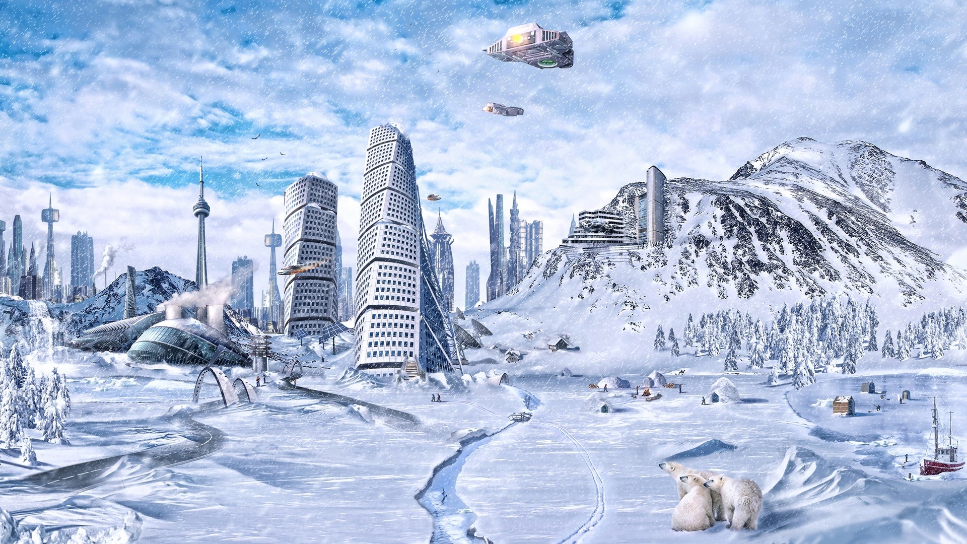 Città futuristica, Neve, Orsi polari, Montagne, Grattacieli, Full HD, wallpaper per computer