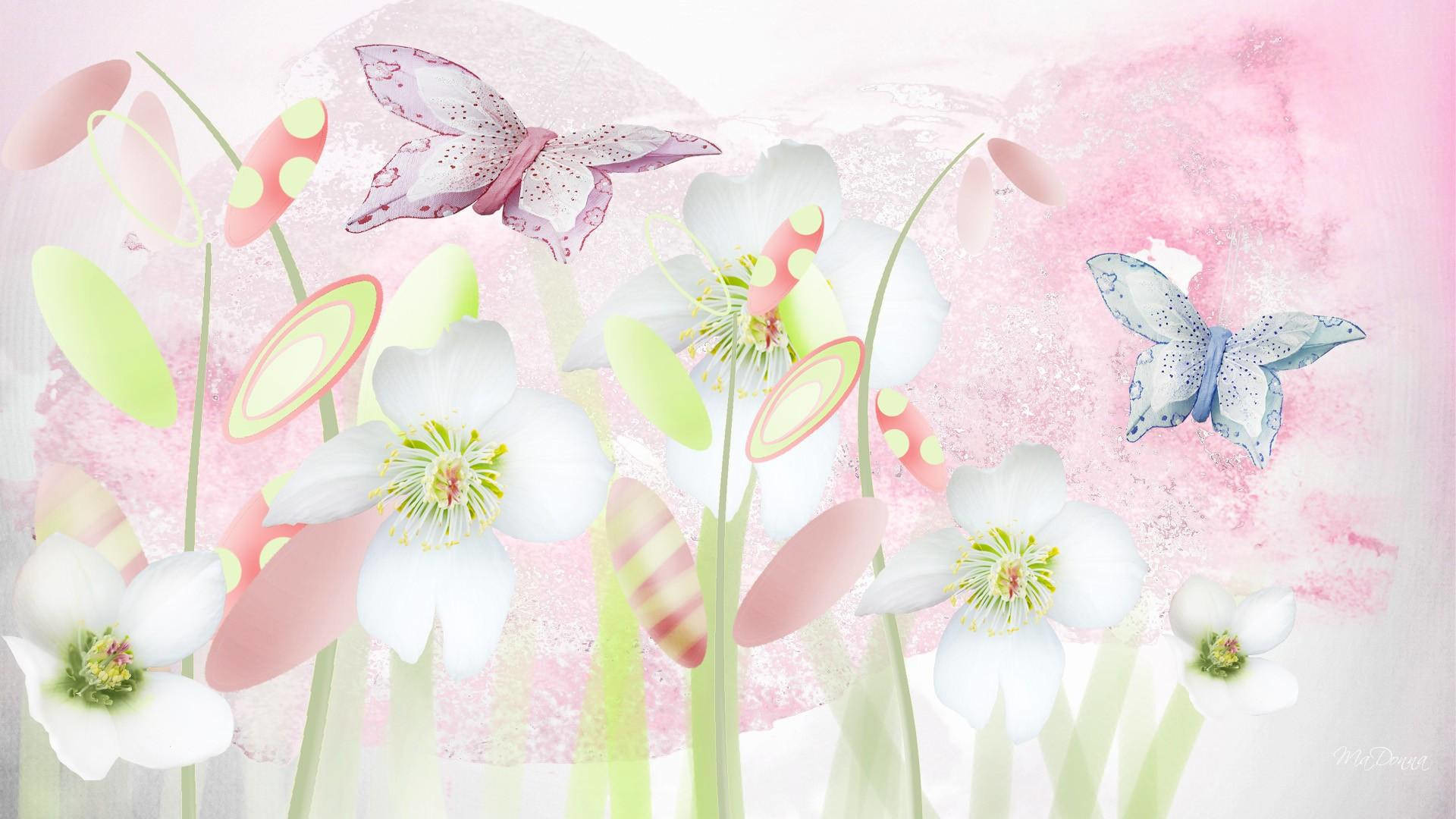 Fiori bianchi, Farfalle, Arte digitale, Rosa, 1920x1080, sfondo per PC