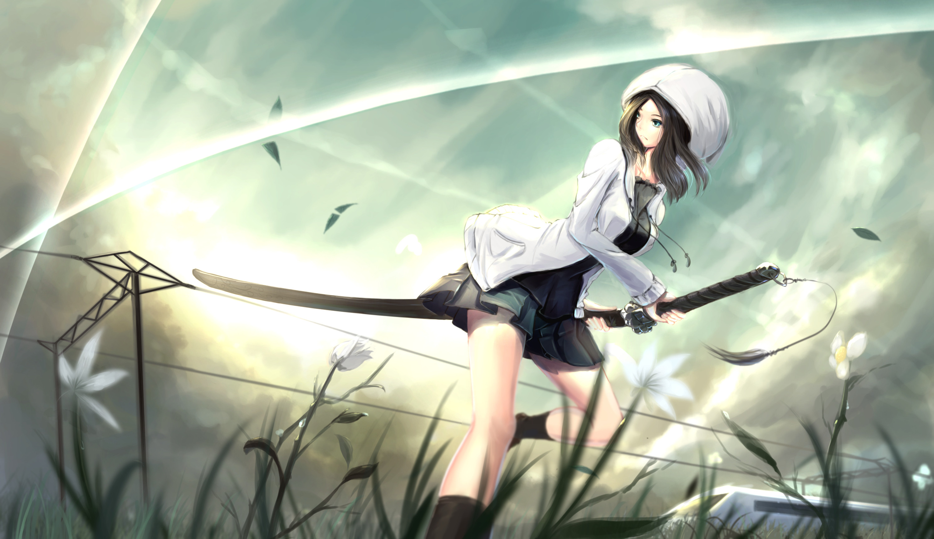 Ragazza anime, Katana, Erba, Vento, 2K, sfondo per portatile