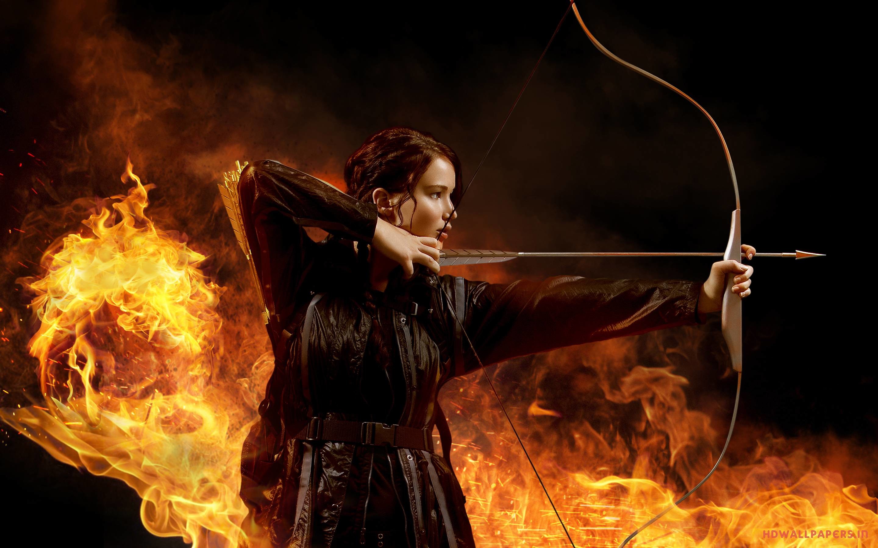Jennifer Lawrence, Katniss Everdeen, Hunger Games, Arco, Fuoco, 2K, wallpaper per portatile