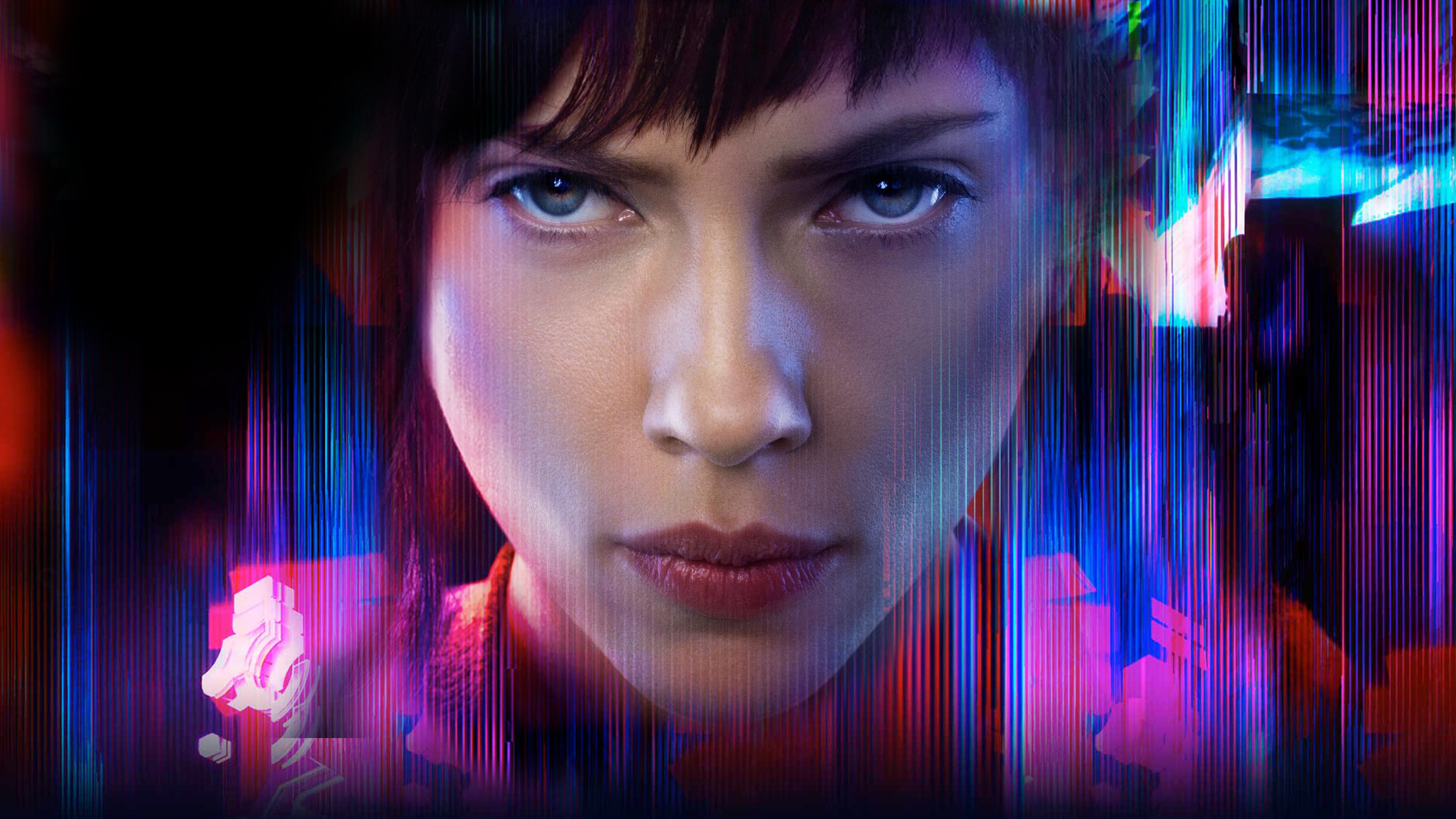 Scarlett Johansson, Maggiore Mira Killian, Ghost in the Shell (2017), Primo piano, Luci al neon, sfondo 2K