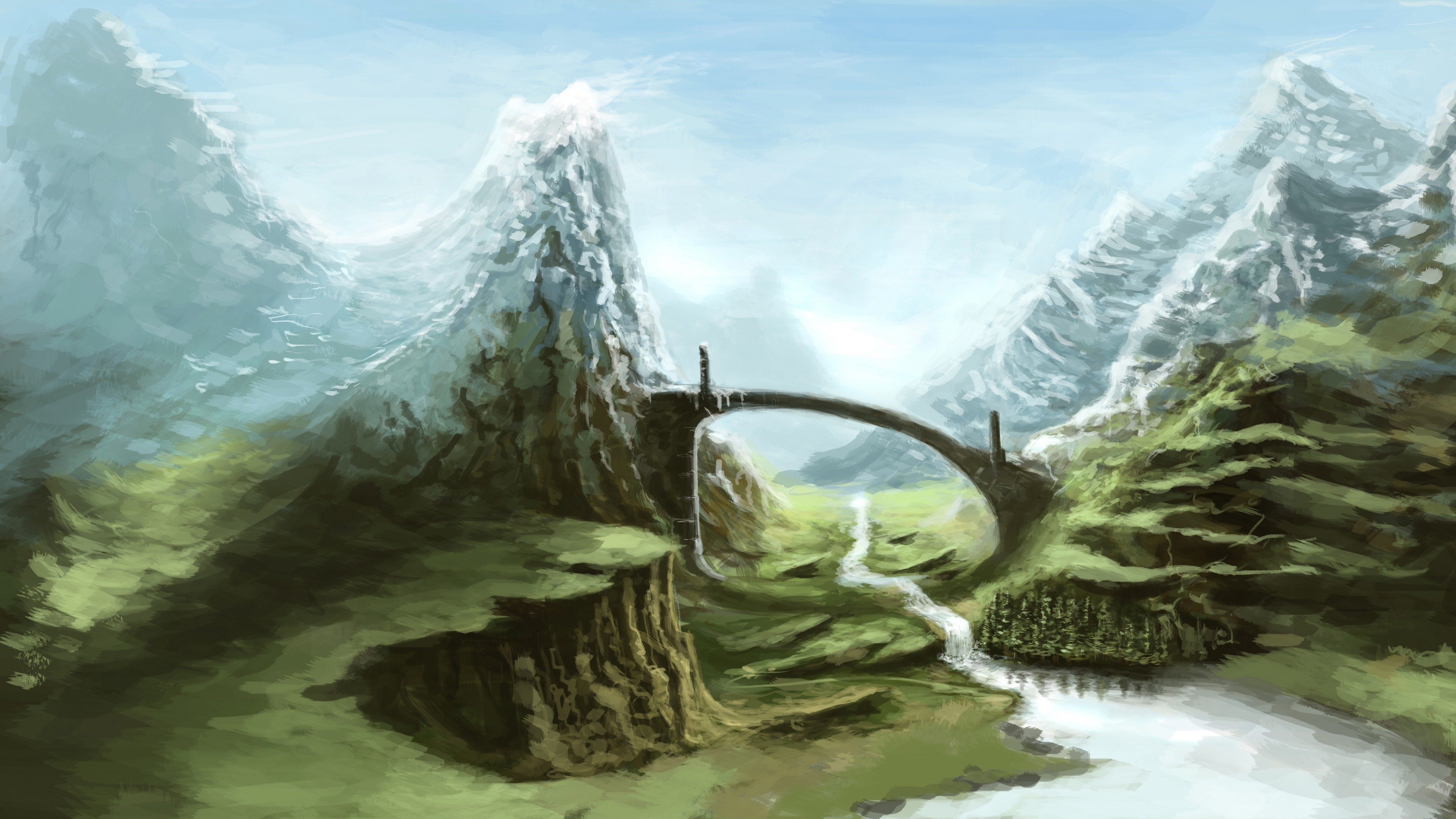 The Elder Scrolls V: Skyrim, Montagne, Ponte di pietra, Pittura, sfondo 16:9 4K