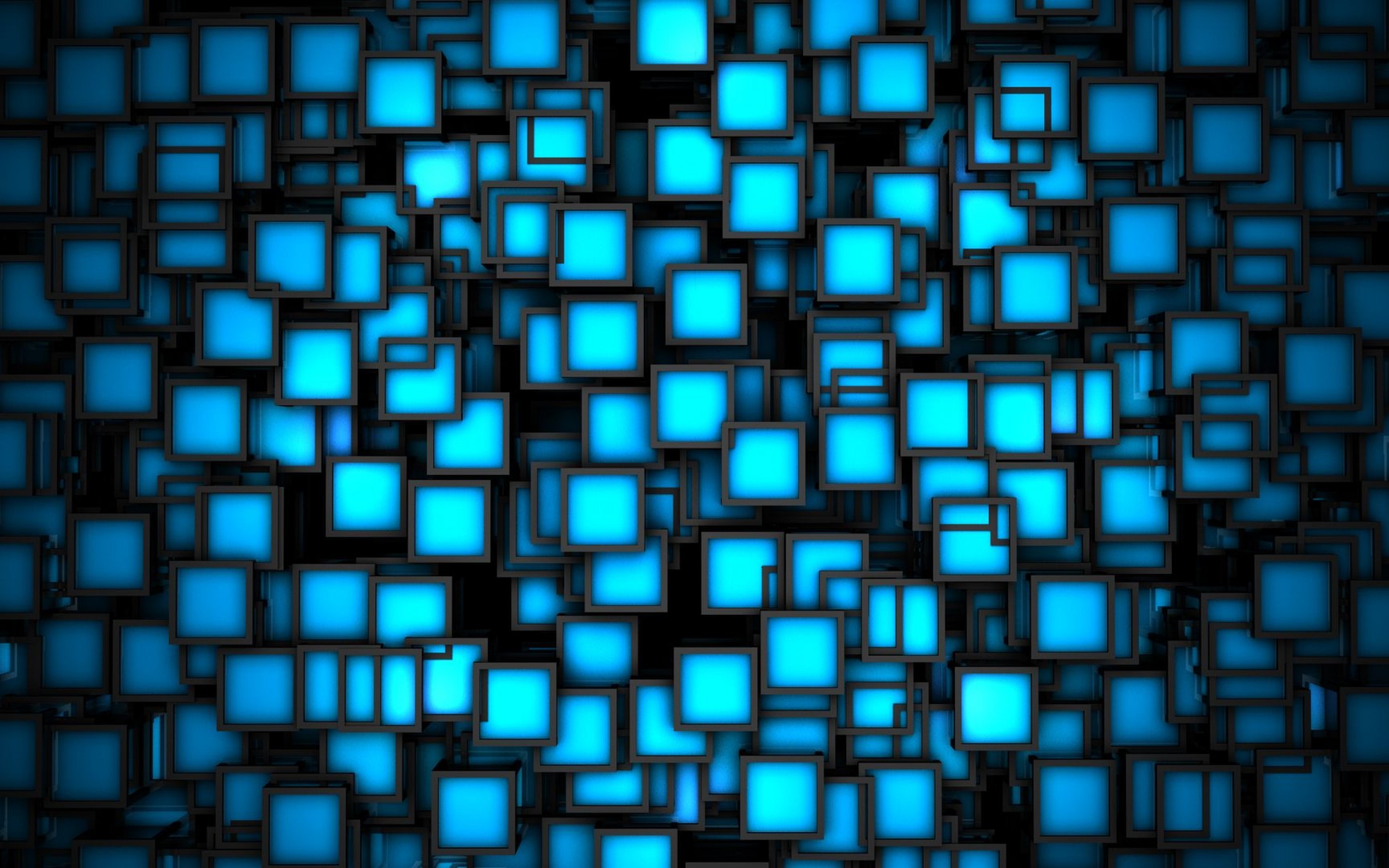 Quadrati, Azzurro neon, Sfondo nero, Arte 3D, 16:10 2K, wallpaper widescreen
