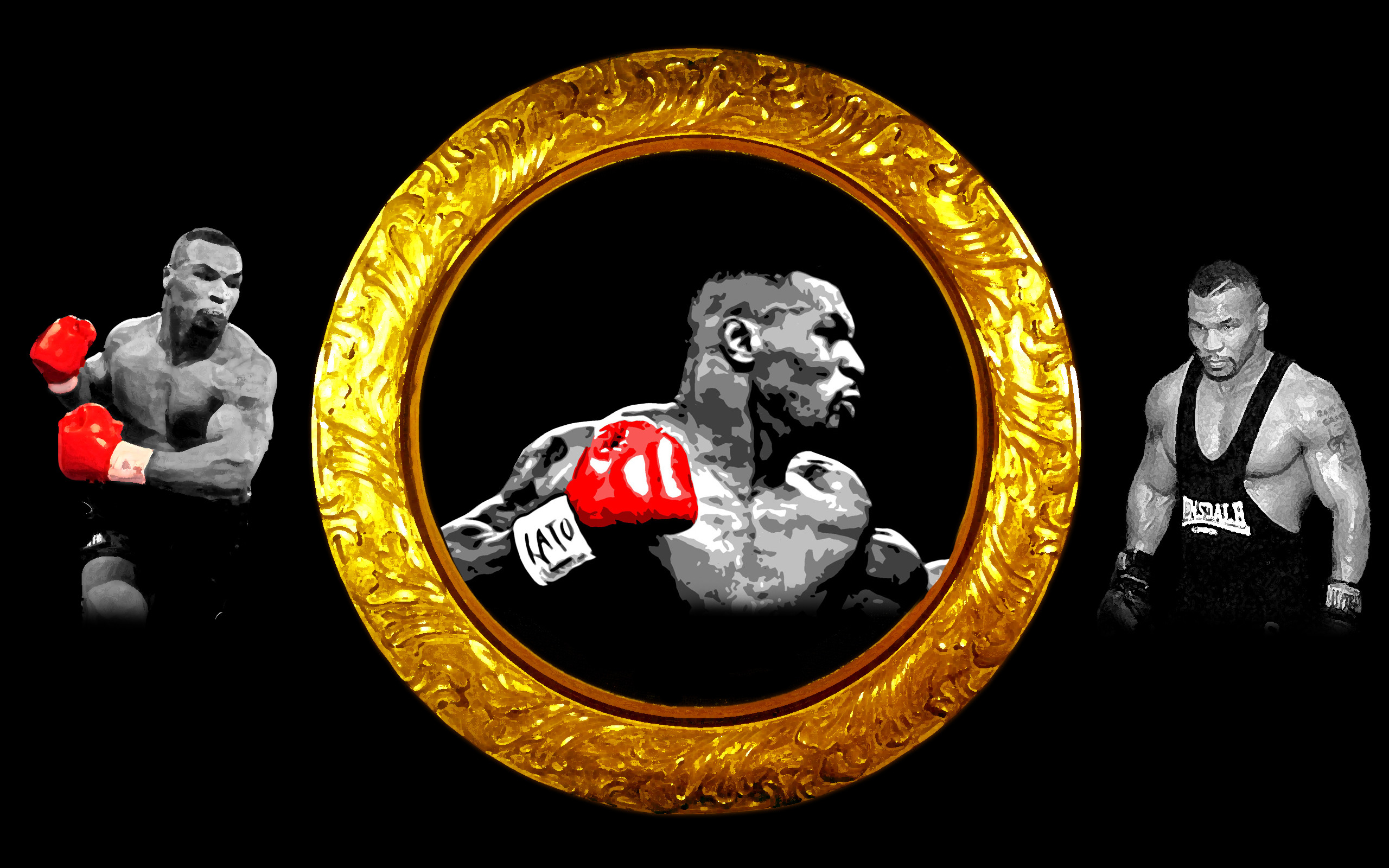 Mike Tyson, Cornice dorata, Collage, Guantoni rossi, Sfondo nero, wallpaper desktop 2K