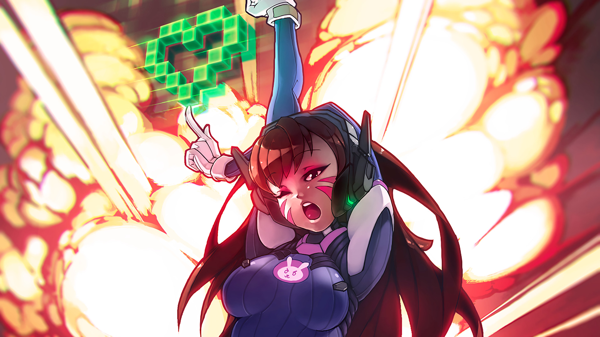 D.Va, Overwatch, Esplosione, Cuore pixel, Fan art, 1920x1080, sfondo per PC