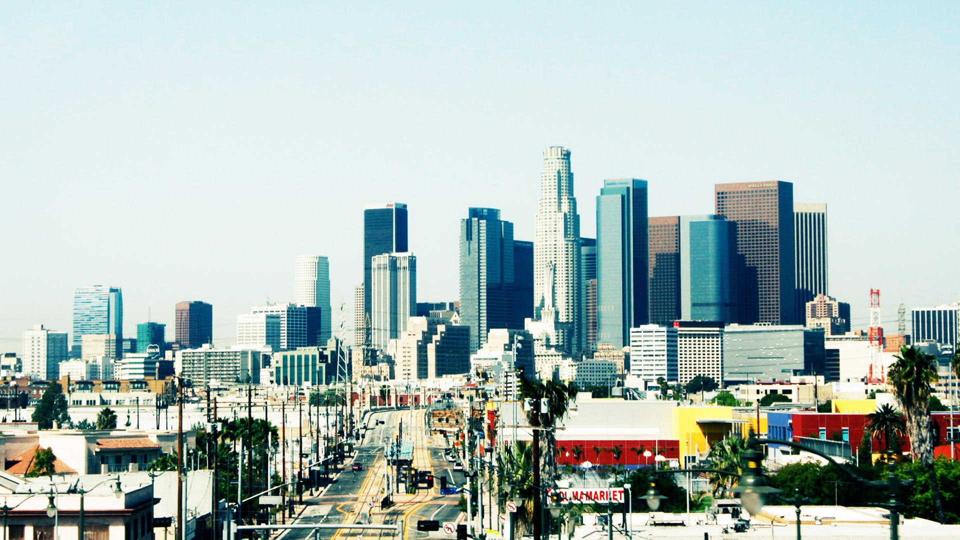 Downtown Los Angeles, Skyline, Strada, Cielo azzurro, Full HD, sfondo per PC