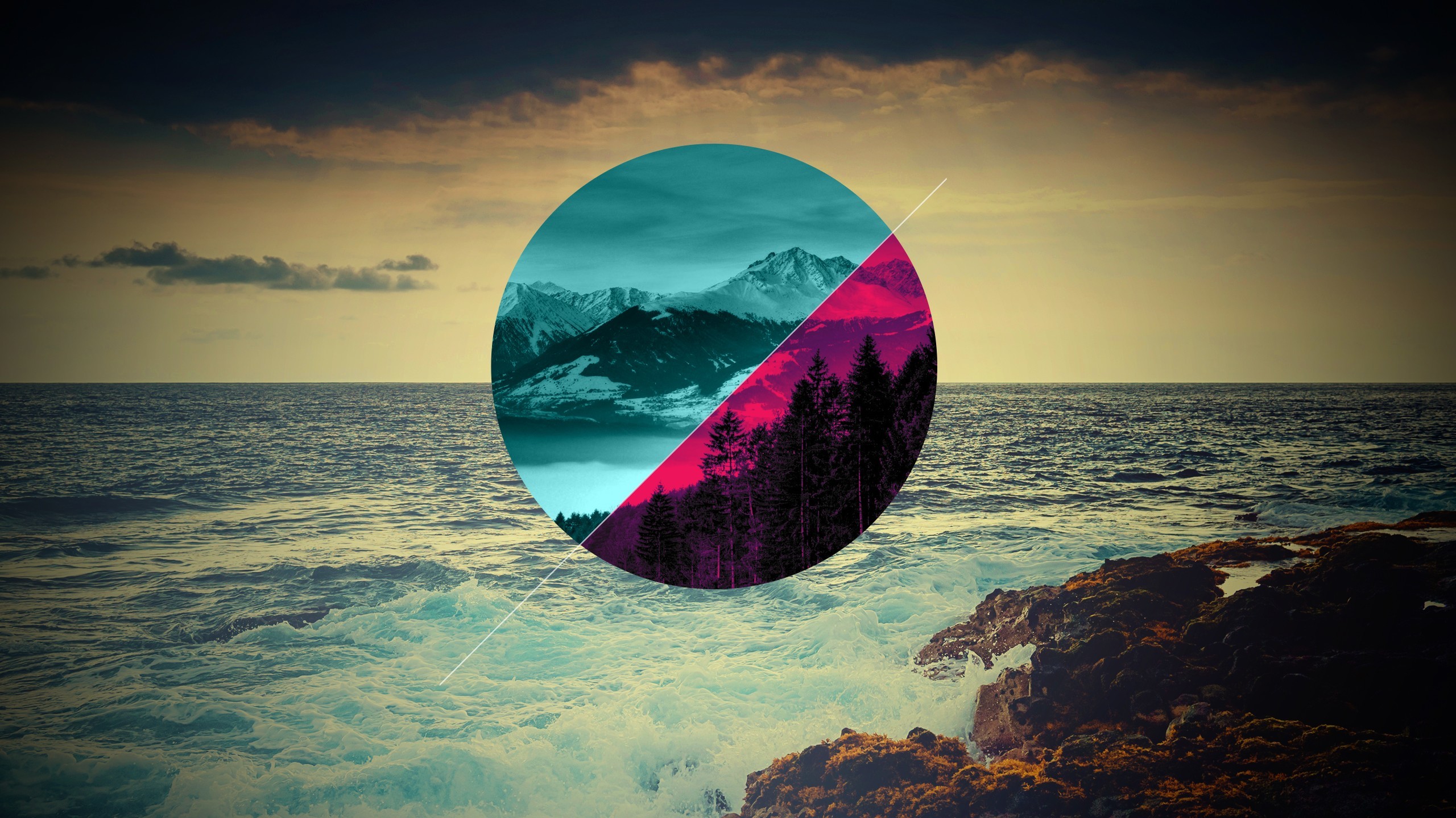 Cerchio, Mare, Montagne, Geometria, 2K, sfondo Windows 11