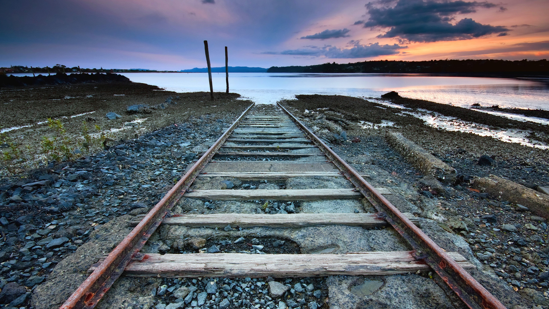 Binari abbandonati, Ferrovia, Mare, Tramonto, Prospettiva, Full HD, sfondo per PC