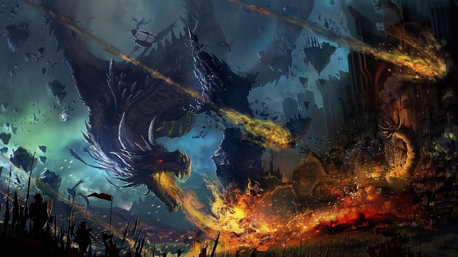 Drago, Battaglia, Fuoco, Arte fantasy, 16:9 Full HD, wallpaper widescreen