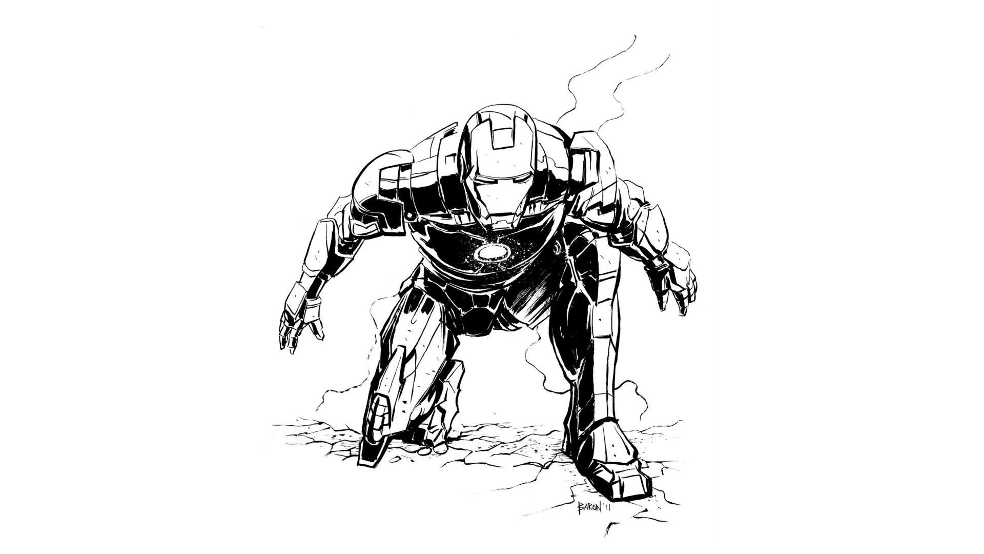 Iron Man, Disegno a china, Bianco e nero, Fumetto, 16:9 Full HD, sfondo widescreen