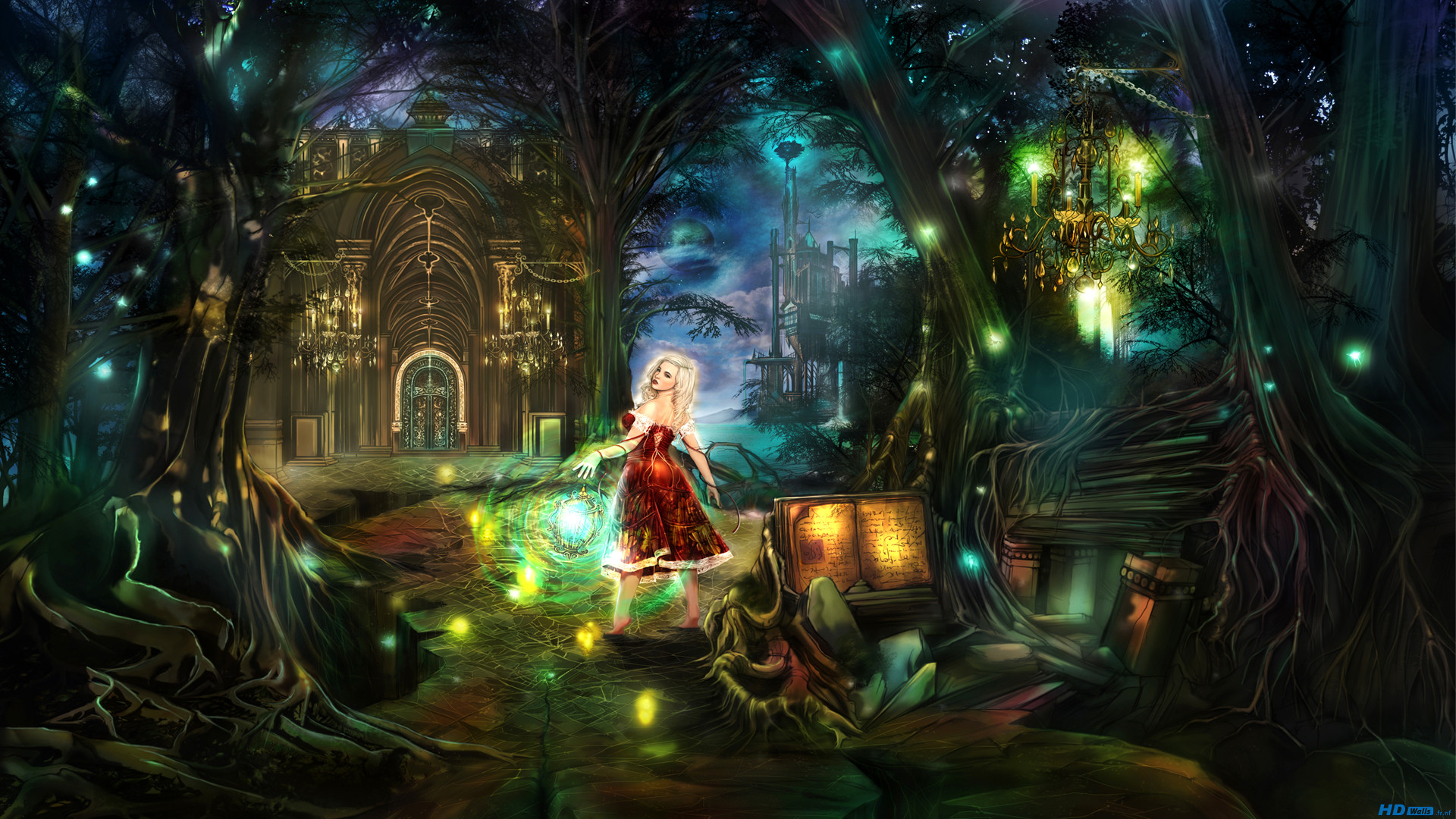 Foresta incantata, Ragazza, Luci magiche, Castello, Fantasy, Colori vivaci, sfondo Full HD per computer