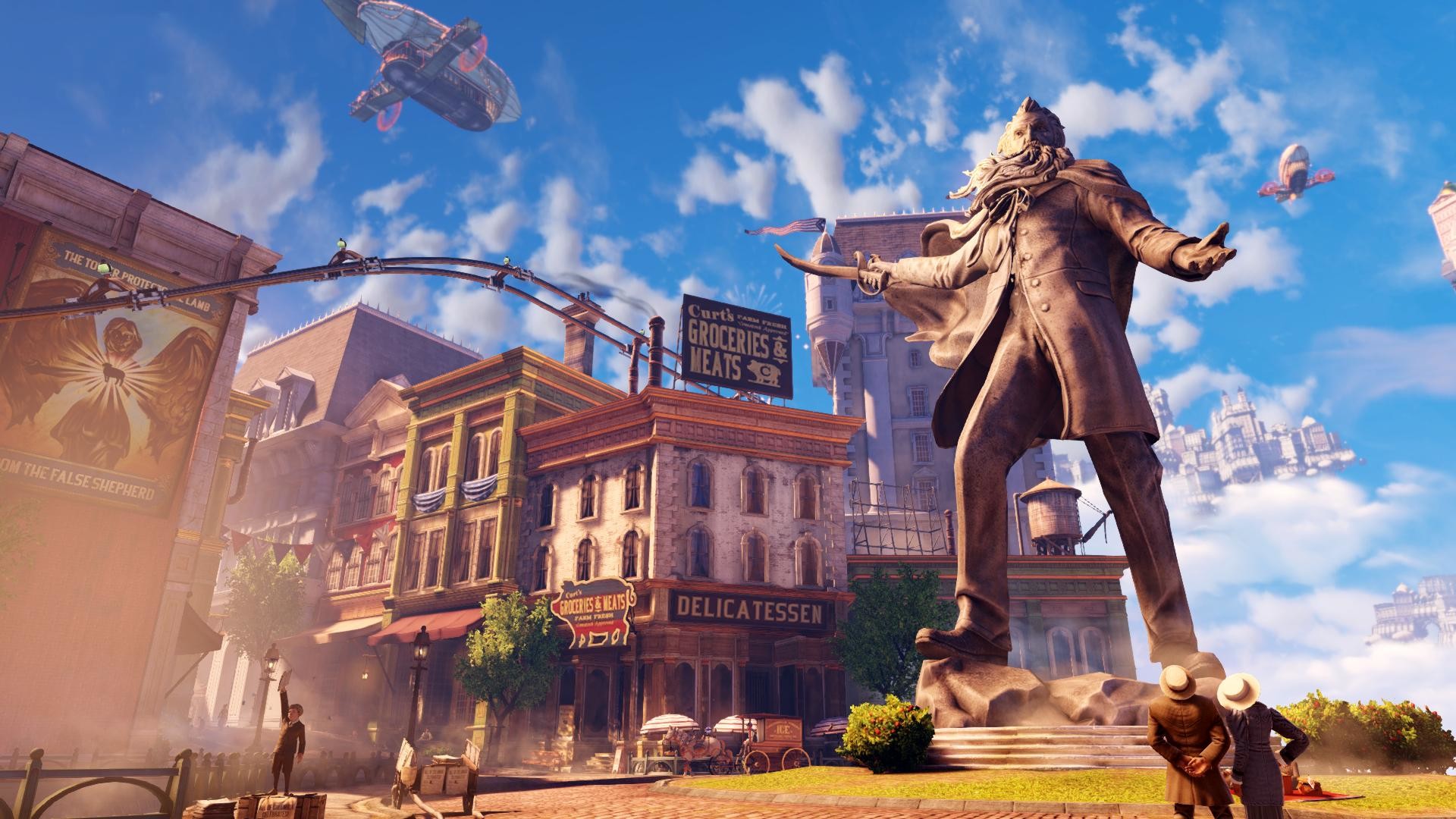 Columbia, BioShock Infinite, Statua, Città volante, Cielo azzurro, sfondo Full HD per PC