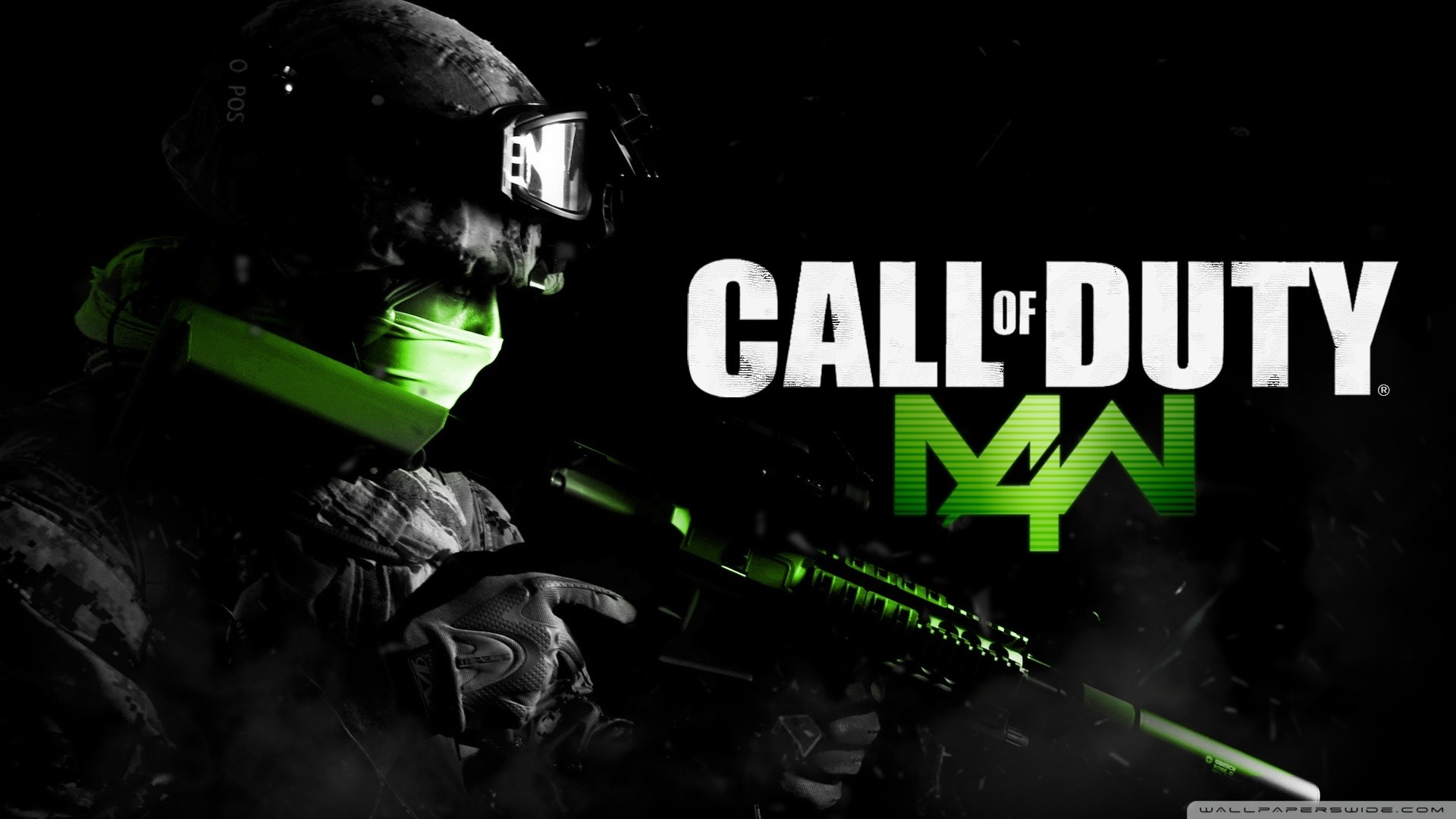 Call of Duty 4: Modern Warfare, Logo, Soldato, Visore notturno, Verde, sfondo widescreen Full HD