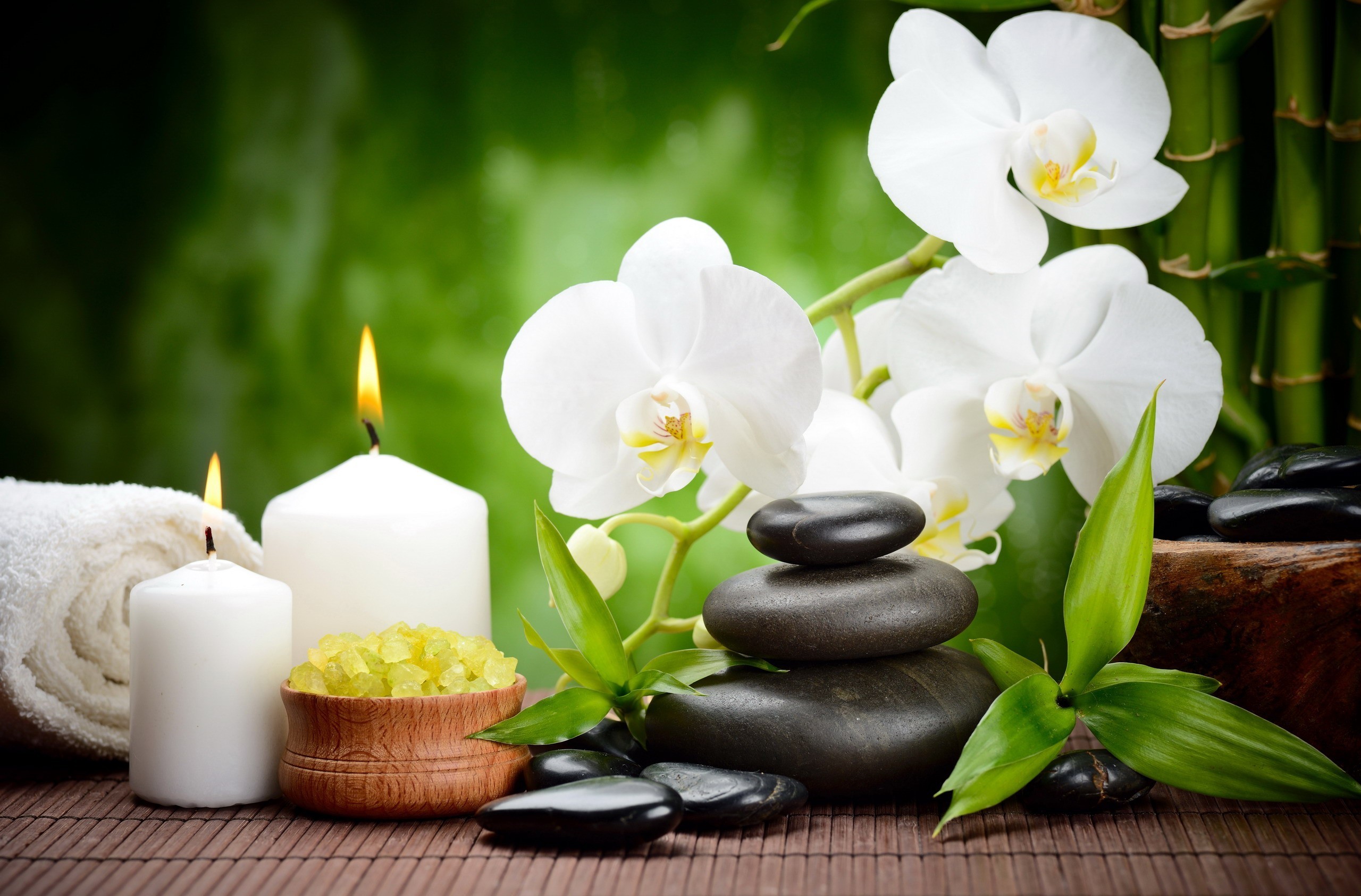 Orchidee bianche, Candele, Pietre zen, Bambù, Spa, 2K, sfondo per PC