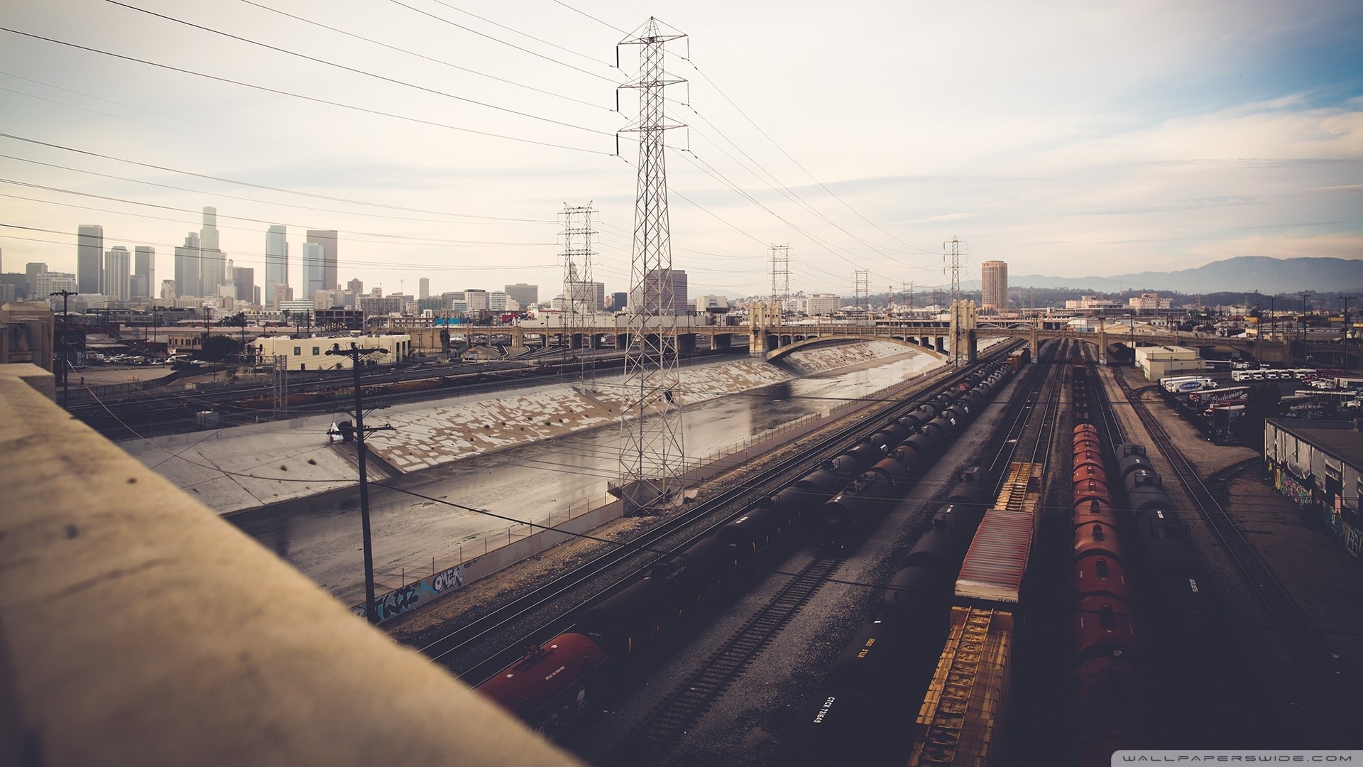 Downtown Los Angeles, Fiume Los Angeles, Ferrovia, Tralicci, 16:9 Full HD, wallpaper widescreen