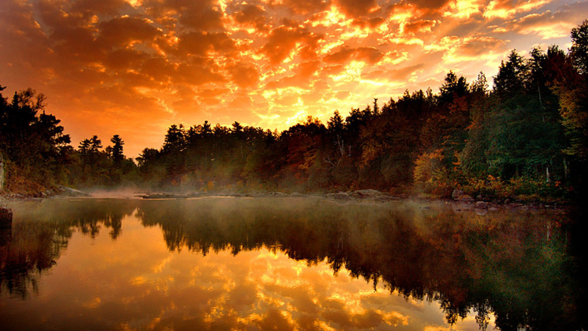 Lago, Foresta, Tramonto, Riflesso, Nuvole infuocate, Full HD, sfondo per PC