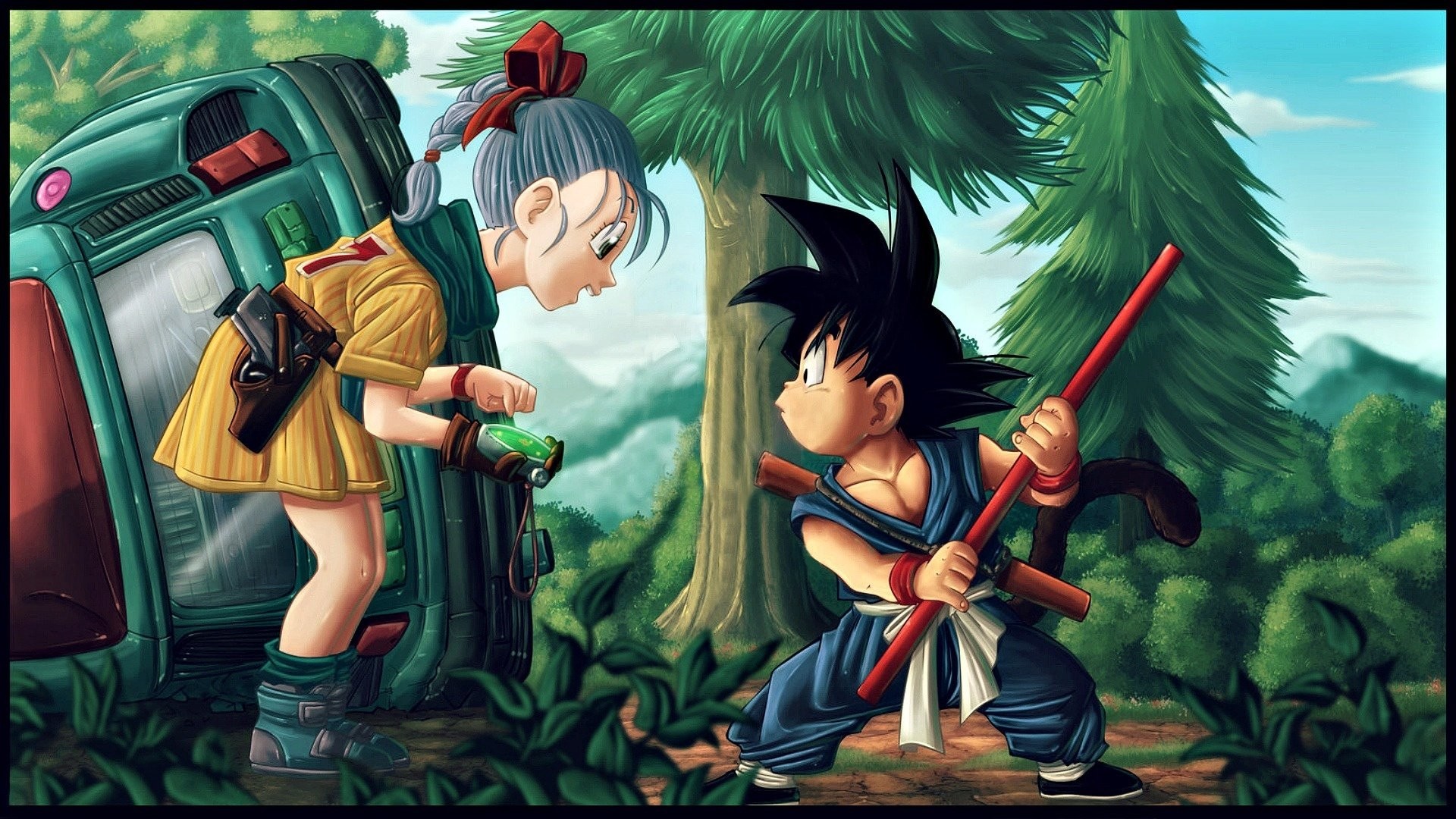 Bulma, Goku bambino, Dragon Ball, Foresta, Bastone magico, Full HD, wallpaper per computer
