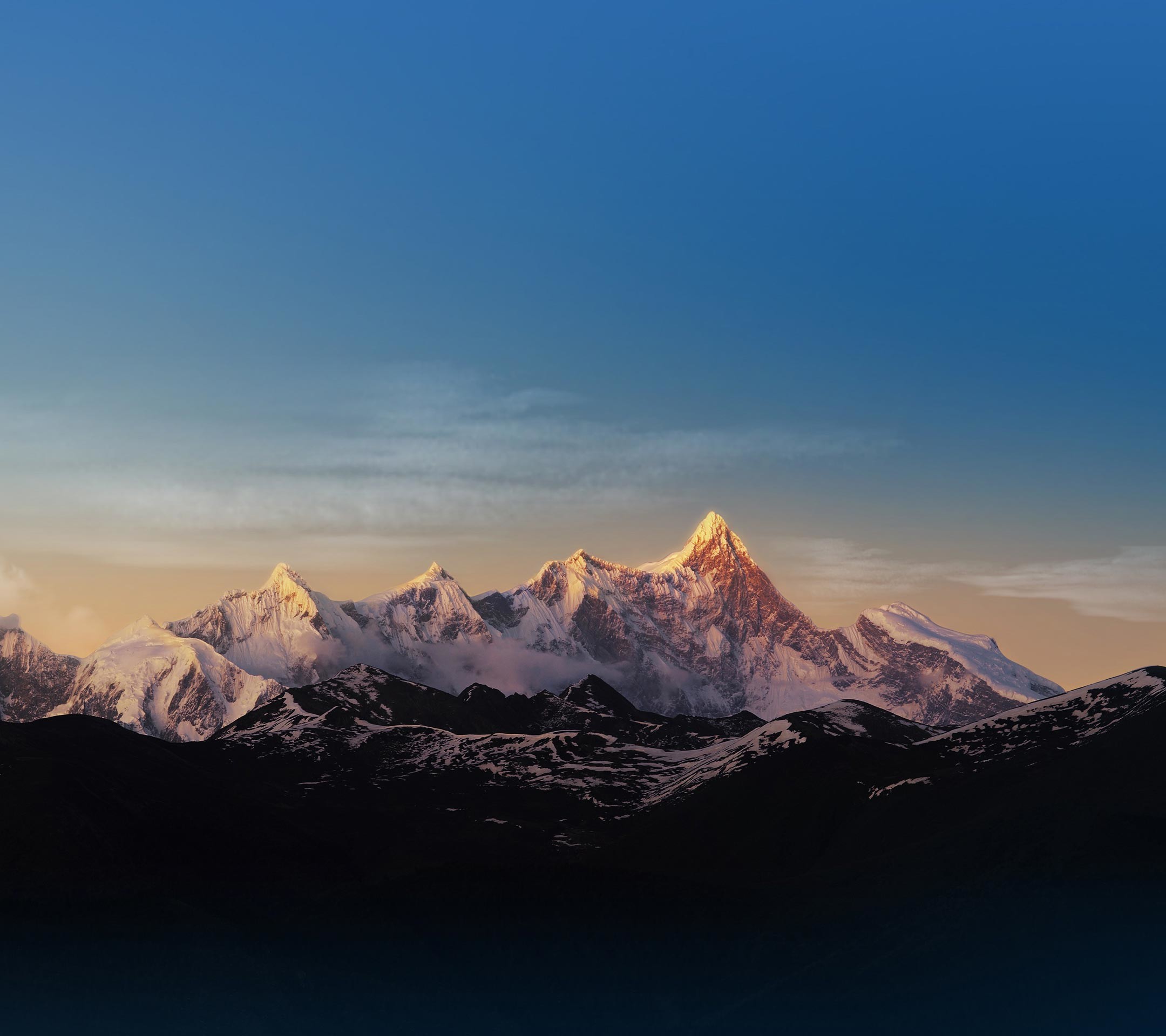 Montagne innevate, Alba, Cielo, Paesaggio, Minimalismo, Full HD, sfondo per iPad e tablet