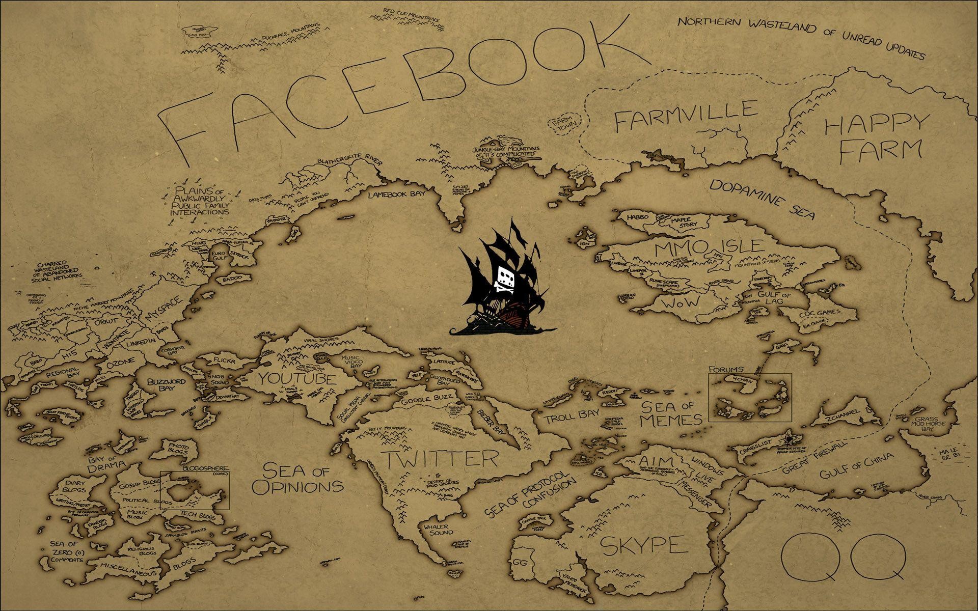 The Pirate Bay, Mappa, Facebook, Umorismo, 16:10 Full HD, sfondo widescreen