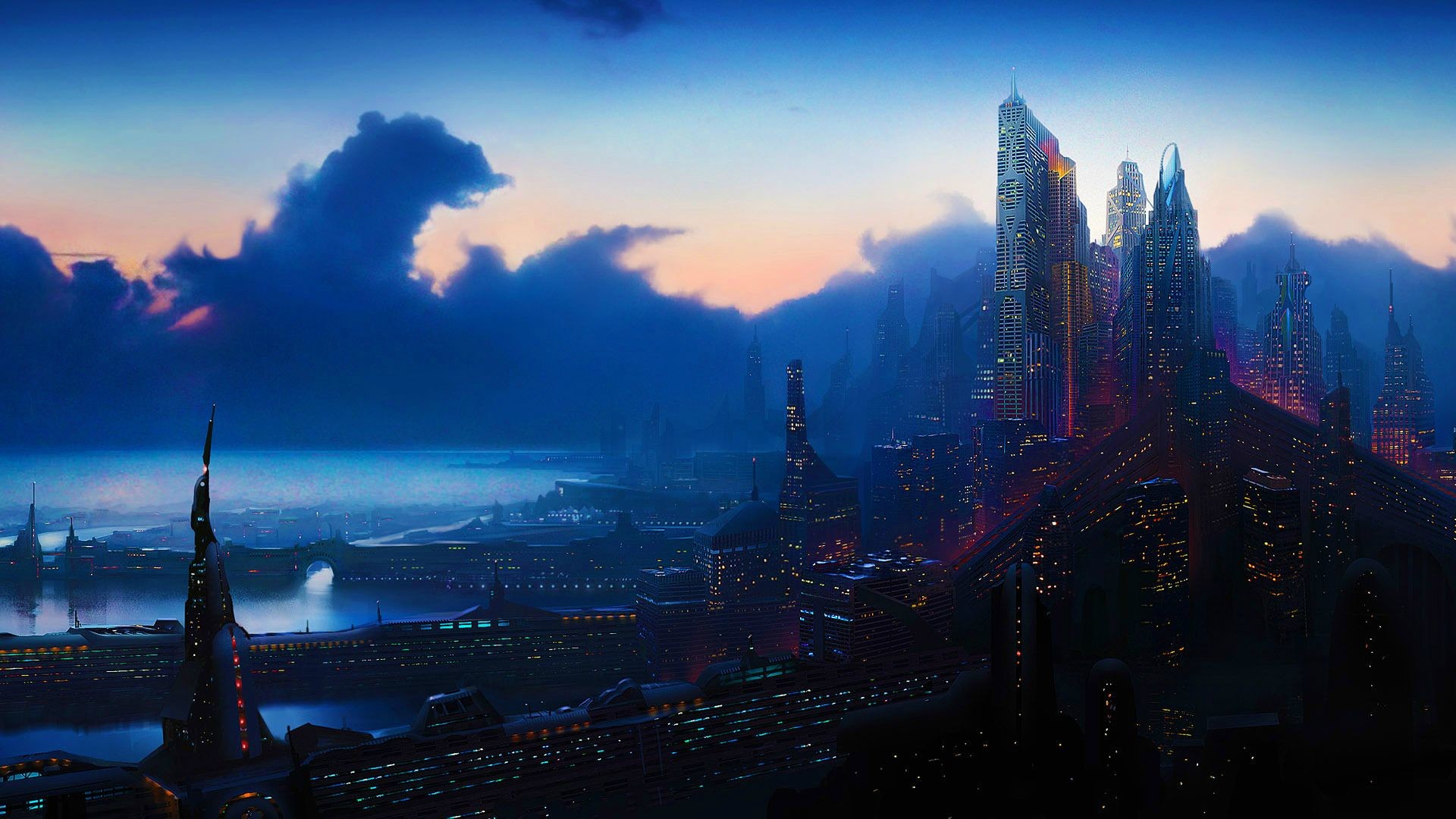 Città futuristica, Grattacieli, Crepuscolo, 16:9 Full HD, wallpaper widescreen